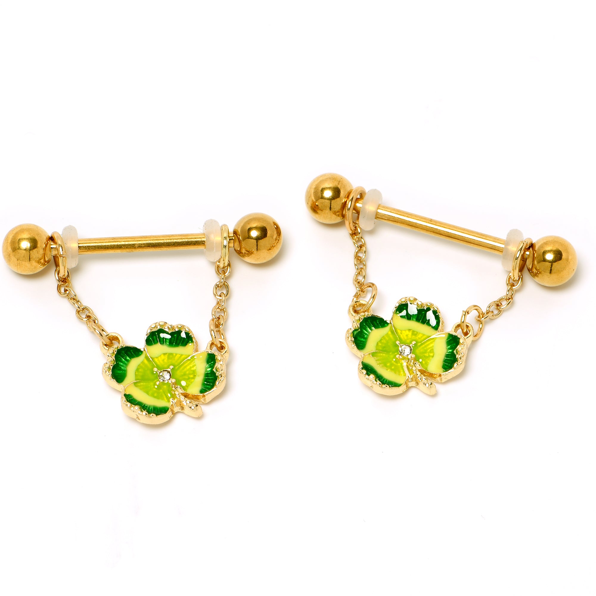 14 Gauge 9/16 Clear Gem Gold Hue Lucky Shamrock Dangle Nipple Ring Set