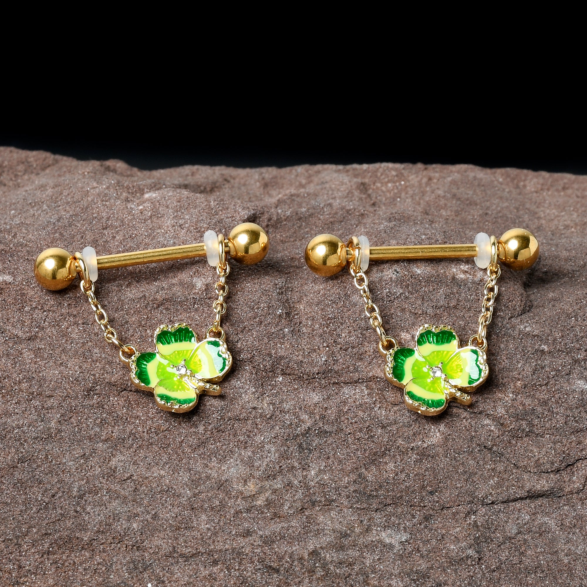 14 Gauge 9/16 Clear Gem Gold Hue Lucky Shamrock Dangle Nipple Ring Set