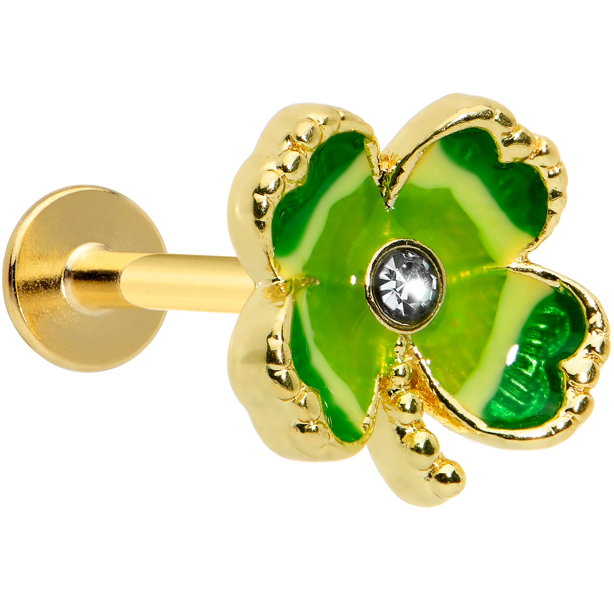 16 Gauge 5/16 Clear Gem Gold Tone Lucky Shamrock Labret Monroe Tragus