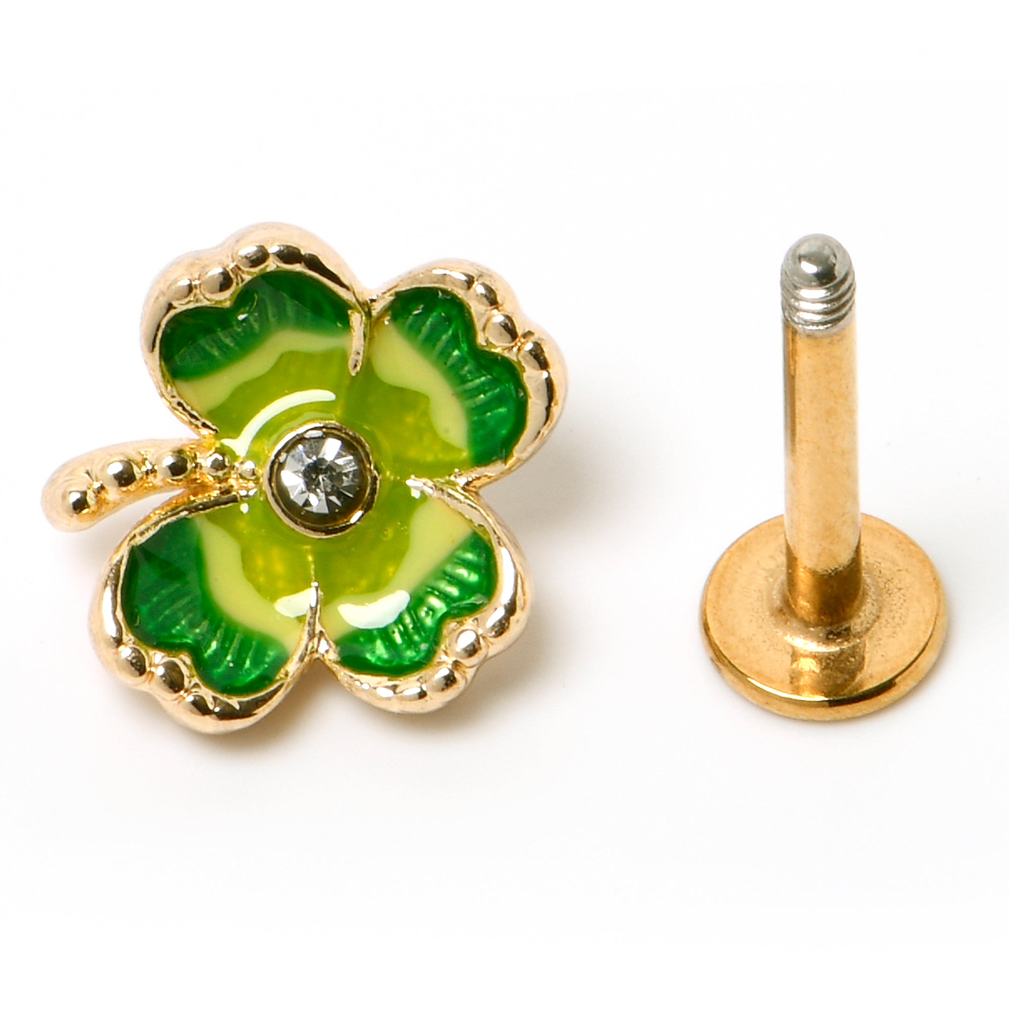 16 Gauge 5/16 Clear Gem Gold Tone Lucky Shamrock Labret Monroe Tragus