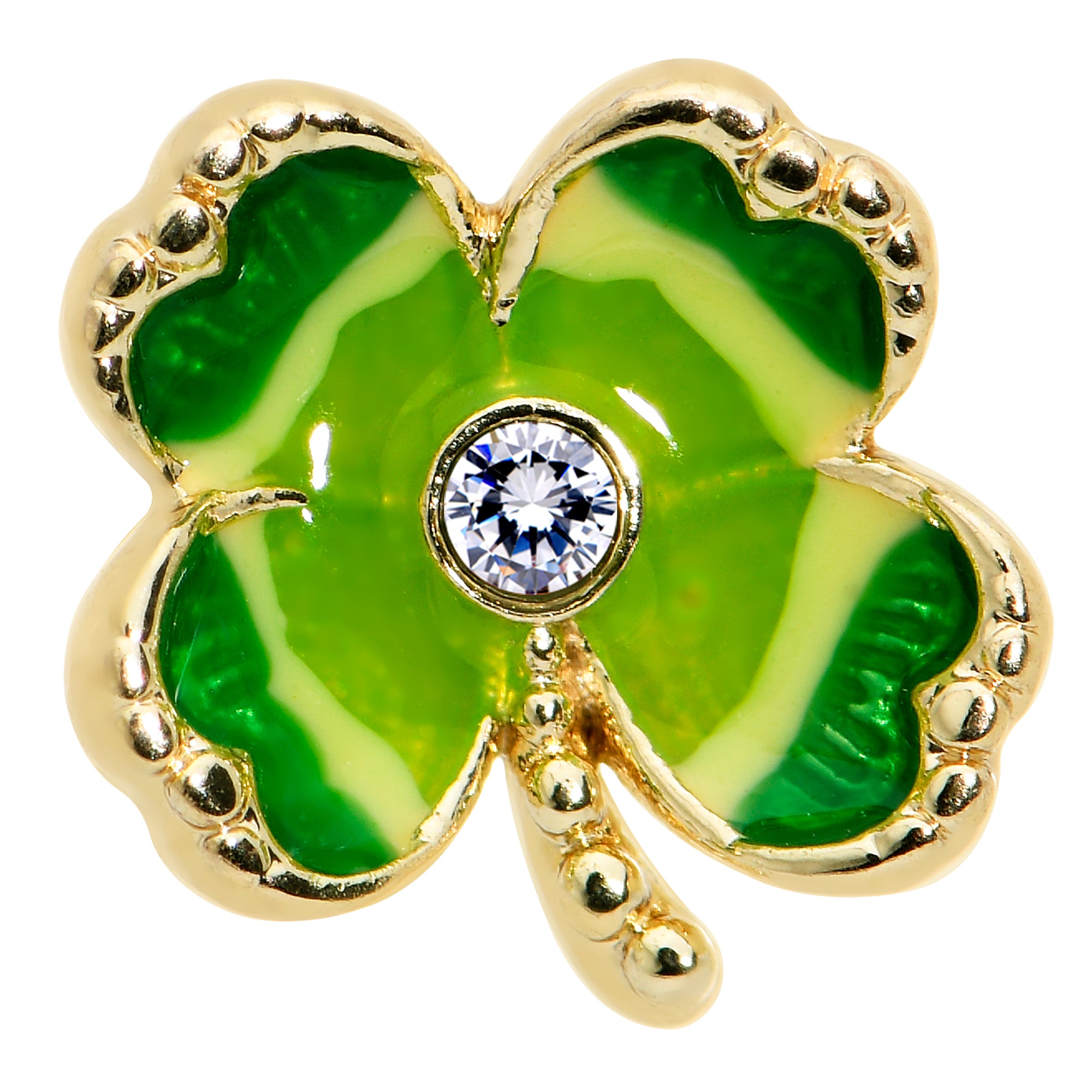 16 Gauge 5/16 Clear Gem Gold Tone Lucky Shamrock Labret Monroe Tragus