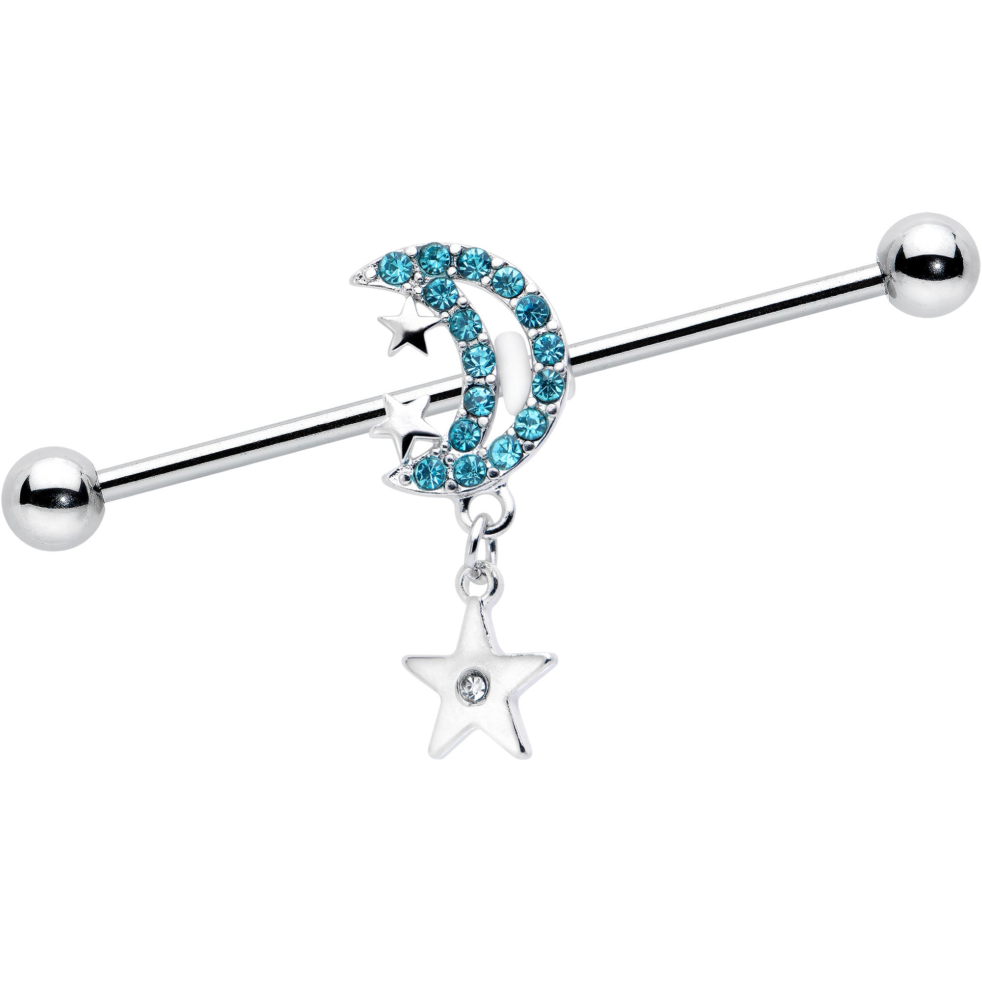 14 Gauge Blue CZ Gem Moon Dangle Star Industrial Barbell 38mm