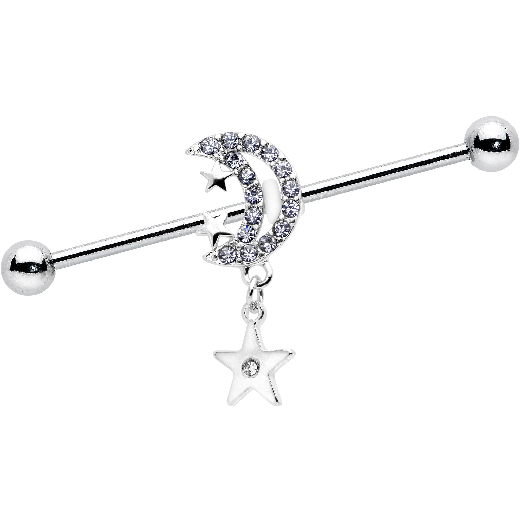 14 Gauge Clear CZ Gem Moon Dangle Star Industrial Barbell 38mm