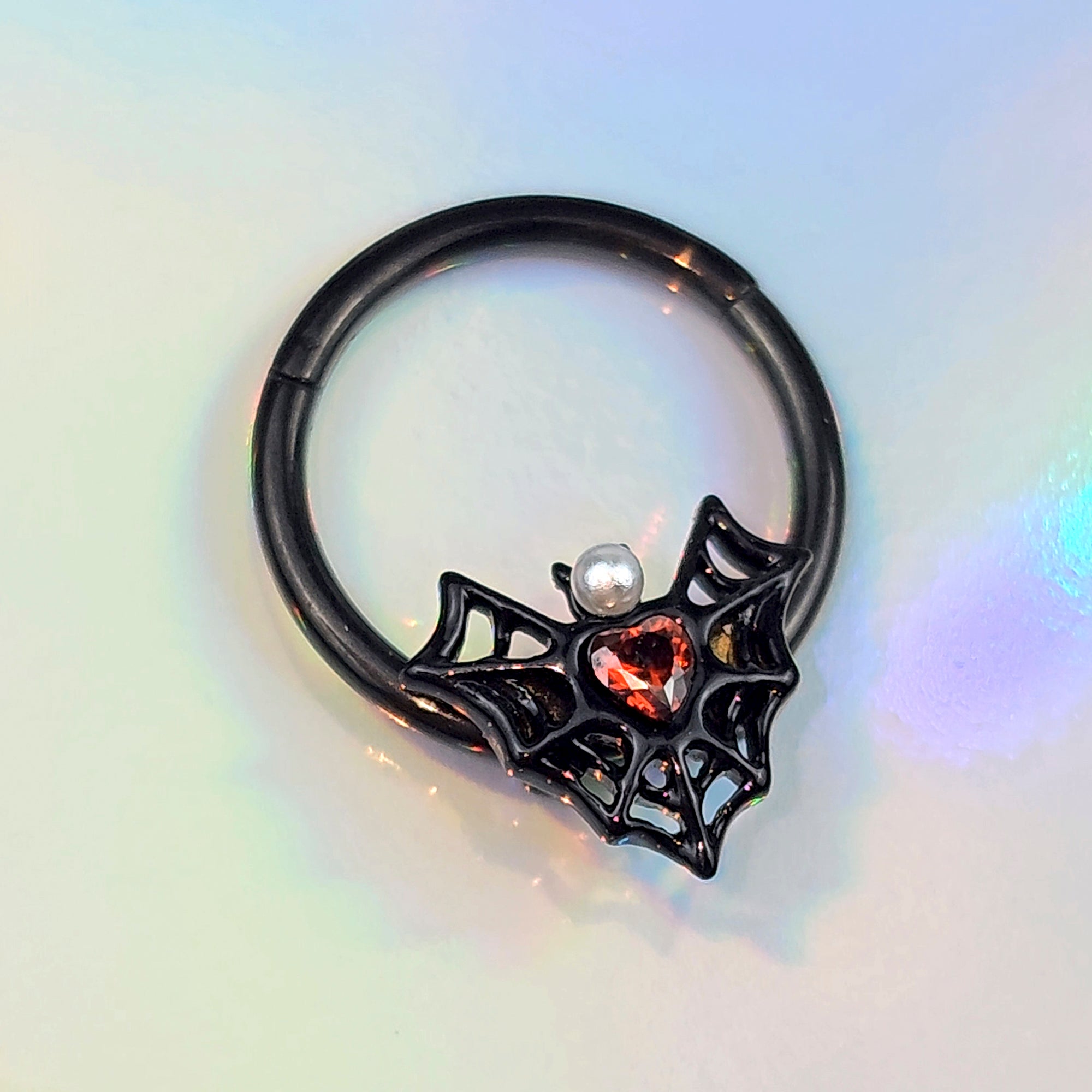 16 Gauge 3/8 Red Gem Black Gothic Bat Heart Hinged Segment Ring