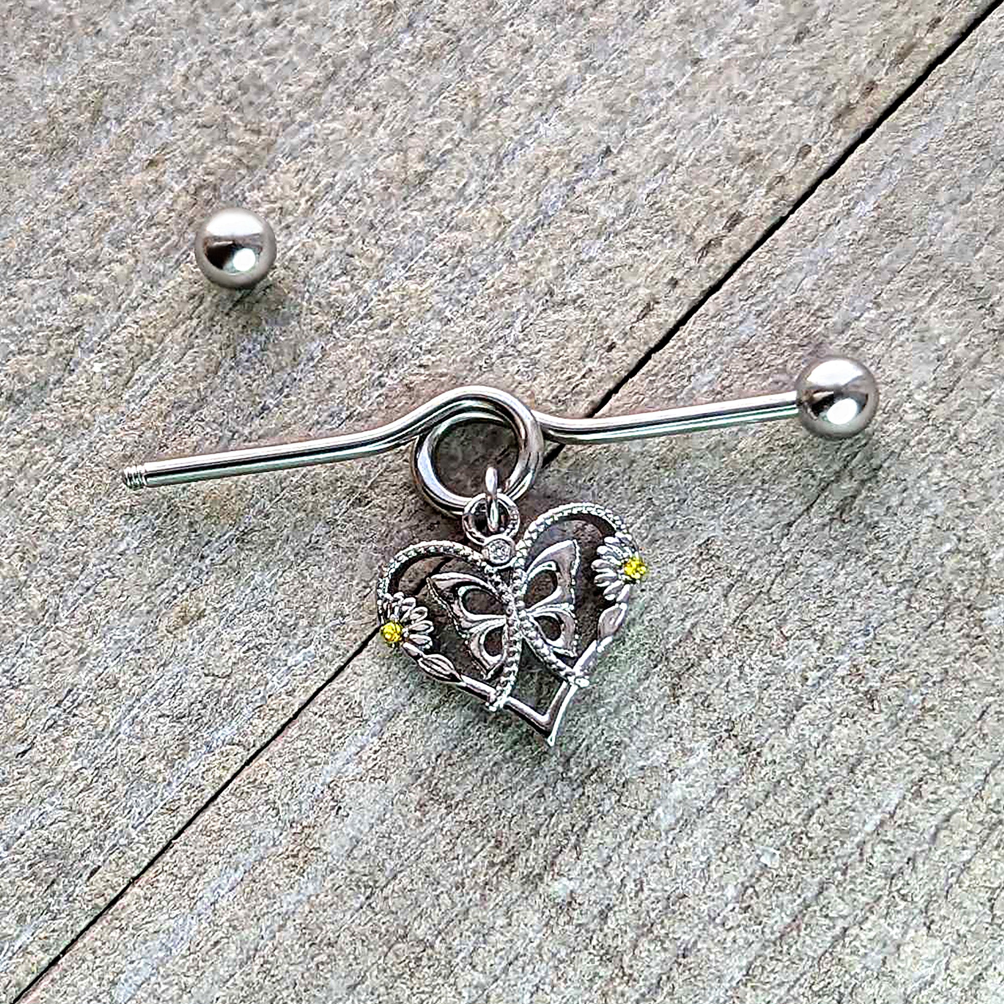 14 Gauge Yellow CZ Gem Heart Flower Butterfly Project Bar 38mm