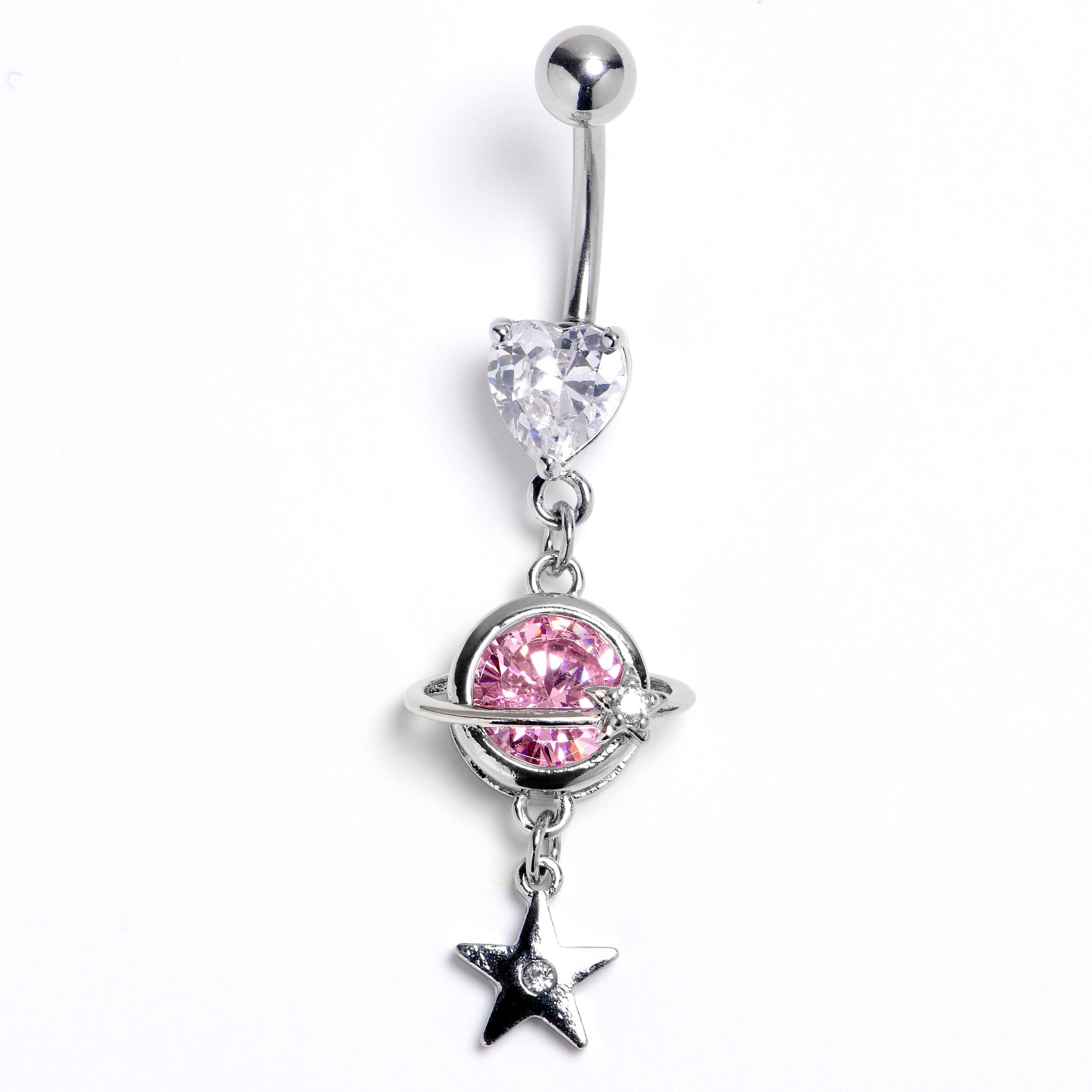 Clear Pink Heart Saturn Star Dangle Belly Ring