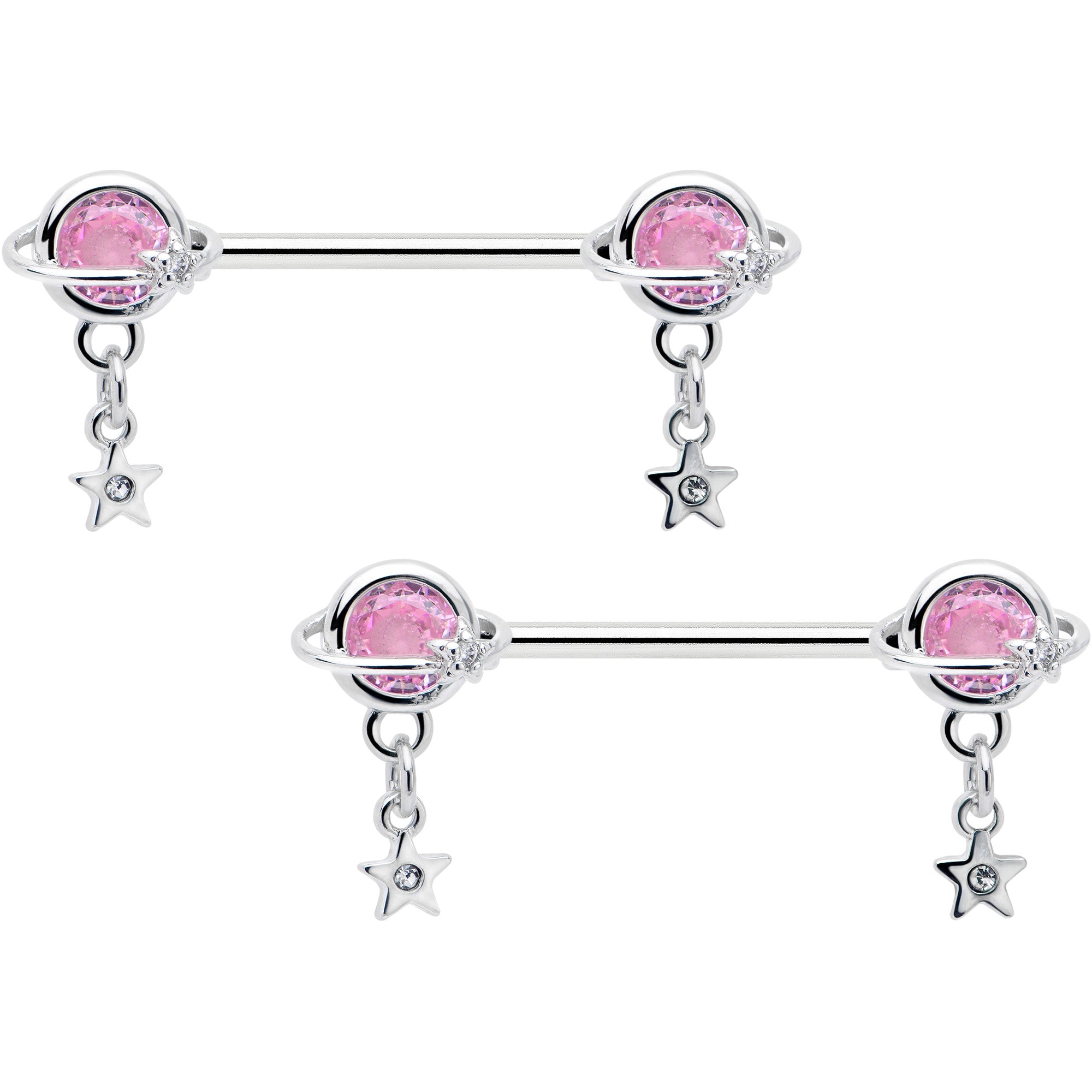 14 Gauge 9/16 Pink CZ Gem Starry Saturn Dangle Nipple Ring Set