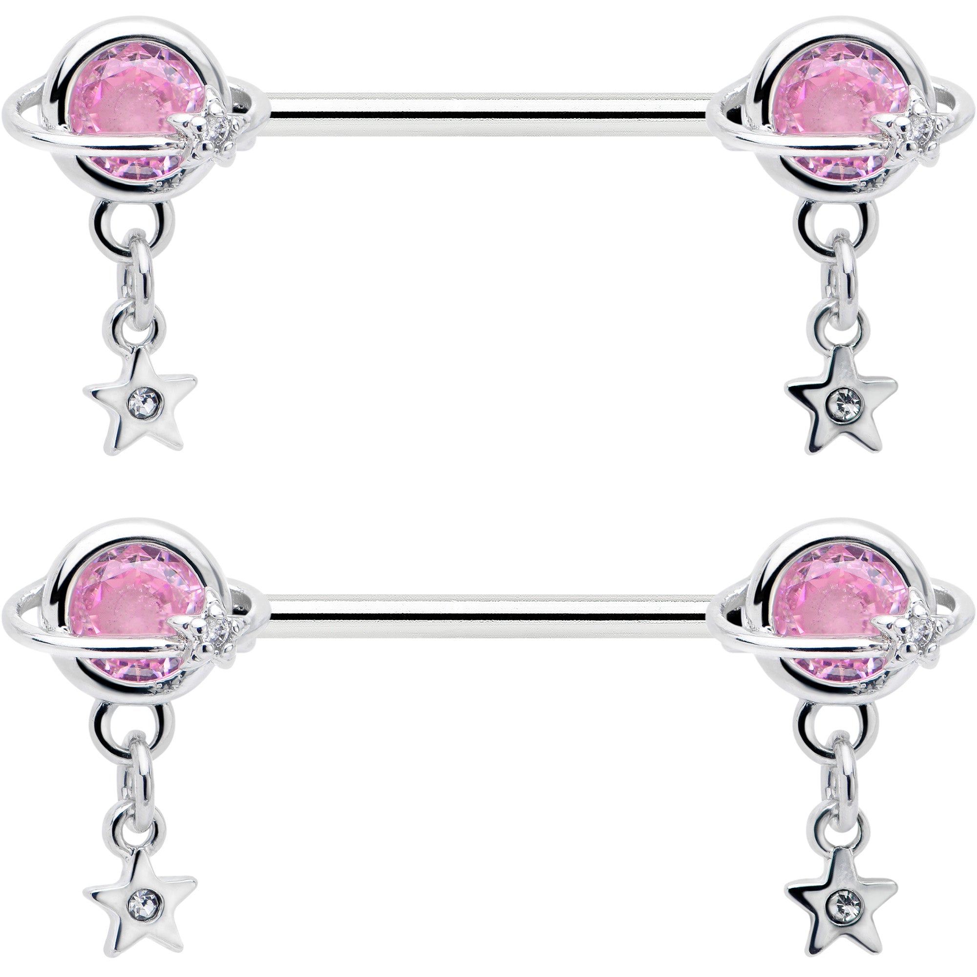 14 Gauge 9/16 Pink CZ Gem Starry Saturn Dangle Nipple Ring Set