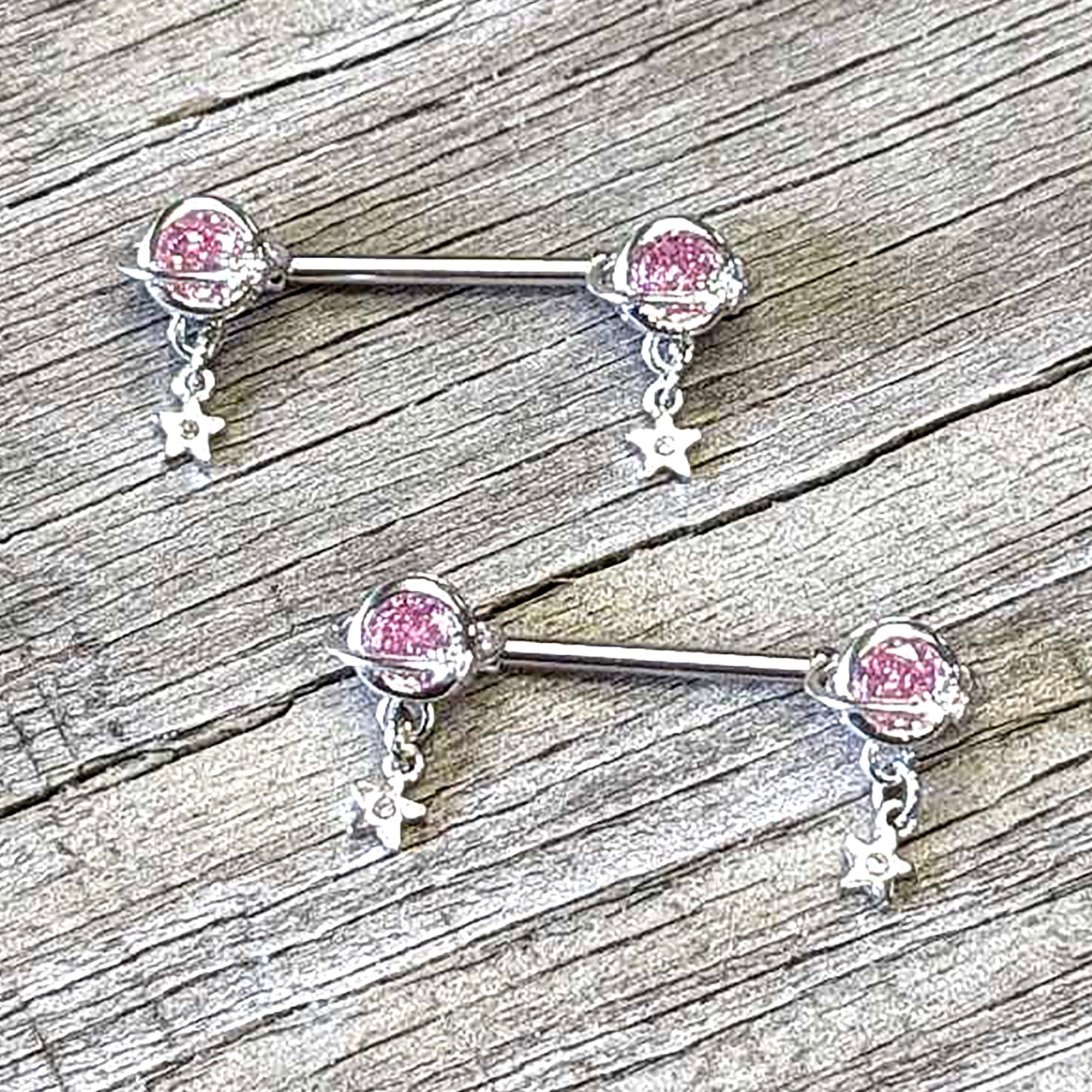 14 Gauge 9/16 Pink CZ Gem Starry Saturn Dangle Nipple Ring Set