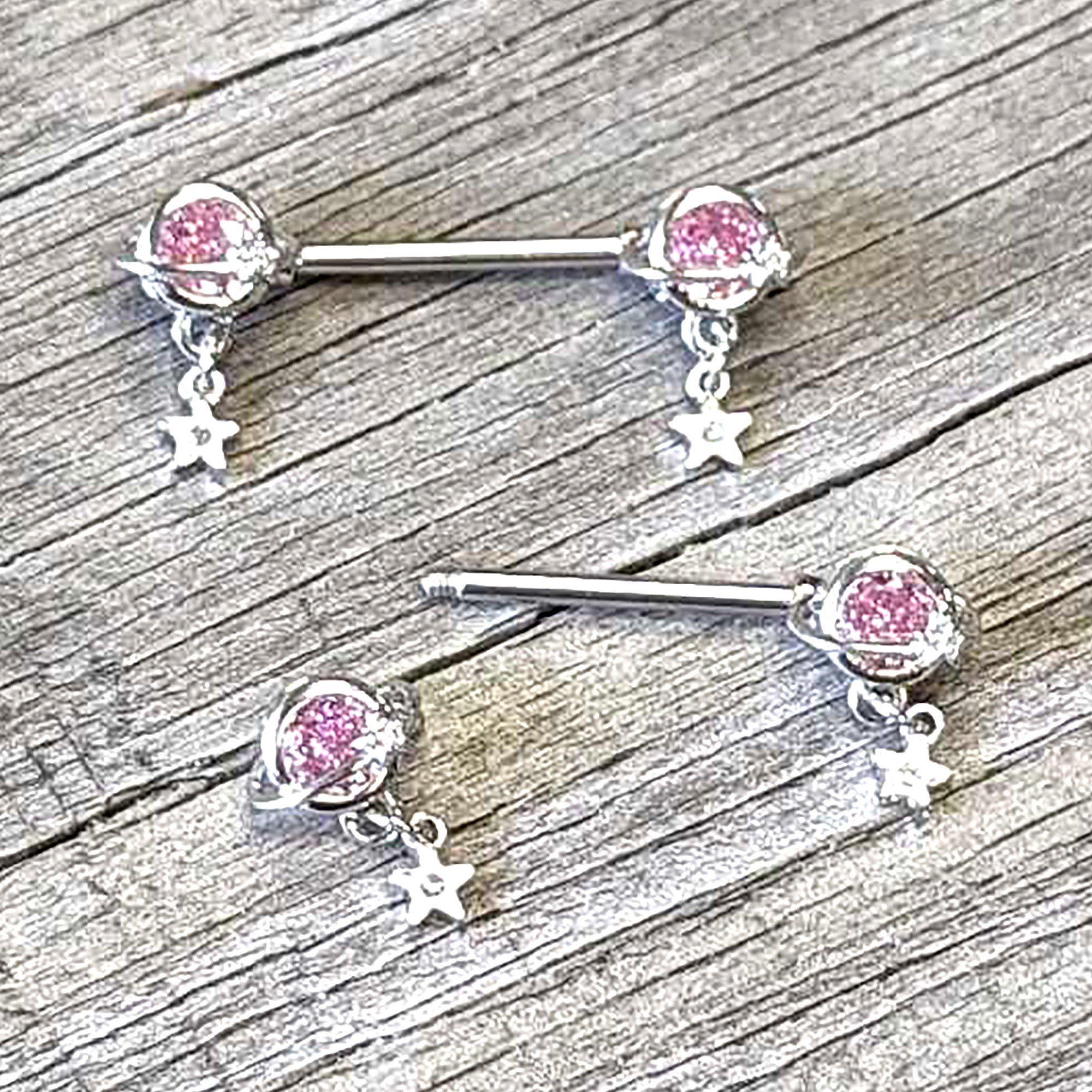 14 Gauge 9/16 Pink CZ Gem Starry Saturn Dangle Nipple Ring Set