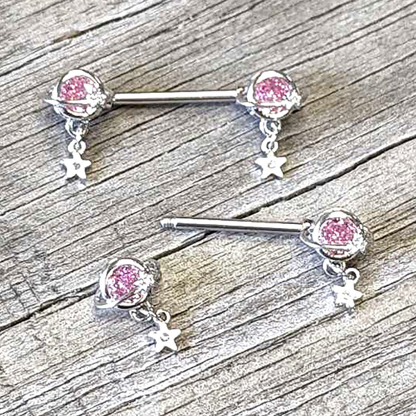 14 Gauge 9/16 Pink CZ Gem Heart Web Moon Barbell Nipple Ring Set