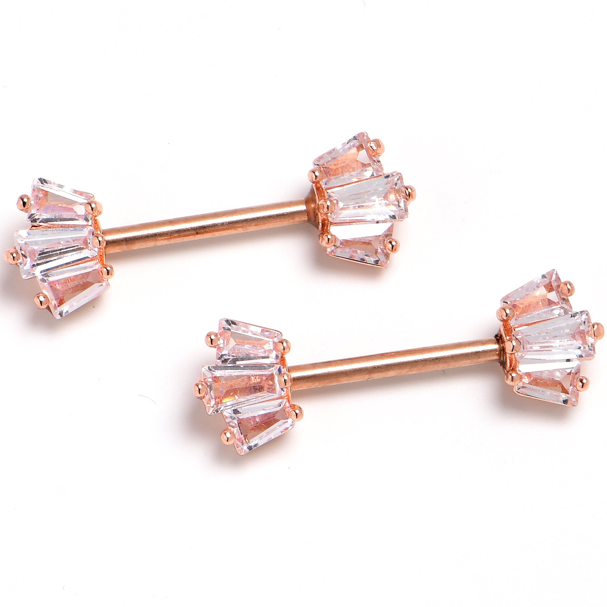 14 Gauge 9/16 Clear CZ Gem Rosy Tone Regal Rectangles Nipple Ring Set