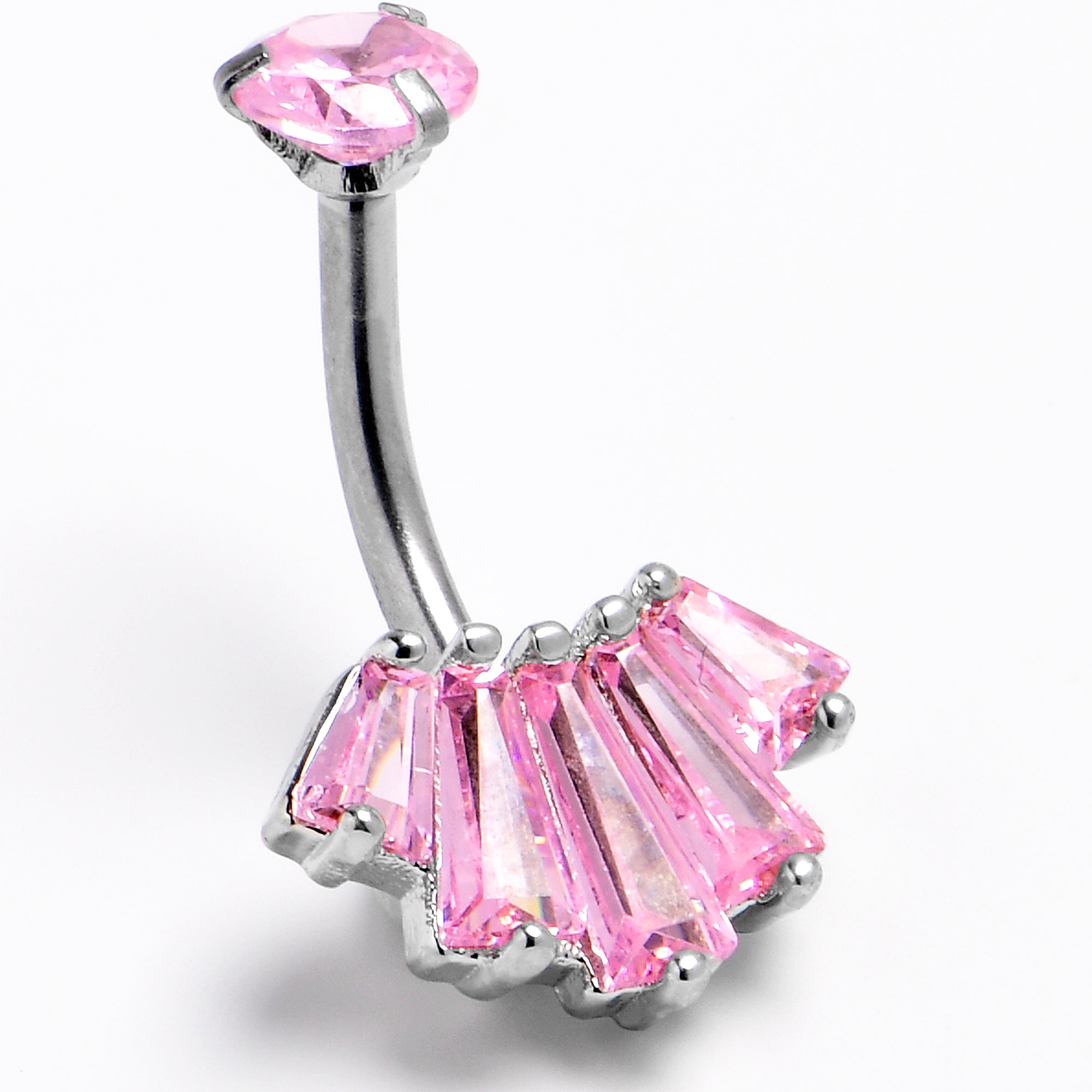 Pink CZ Gem Regal Rectangles Internally Threaded Double Mount Belly Ring