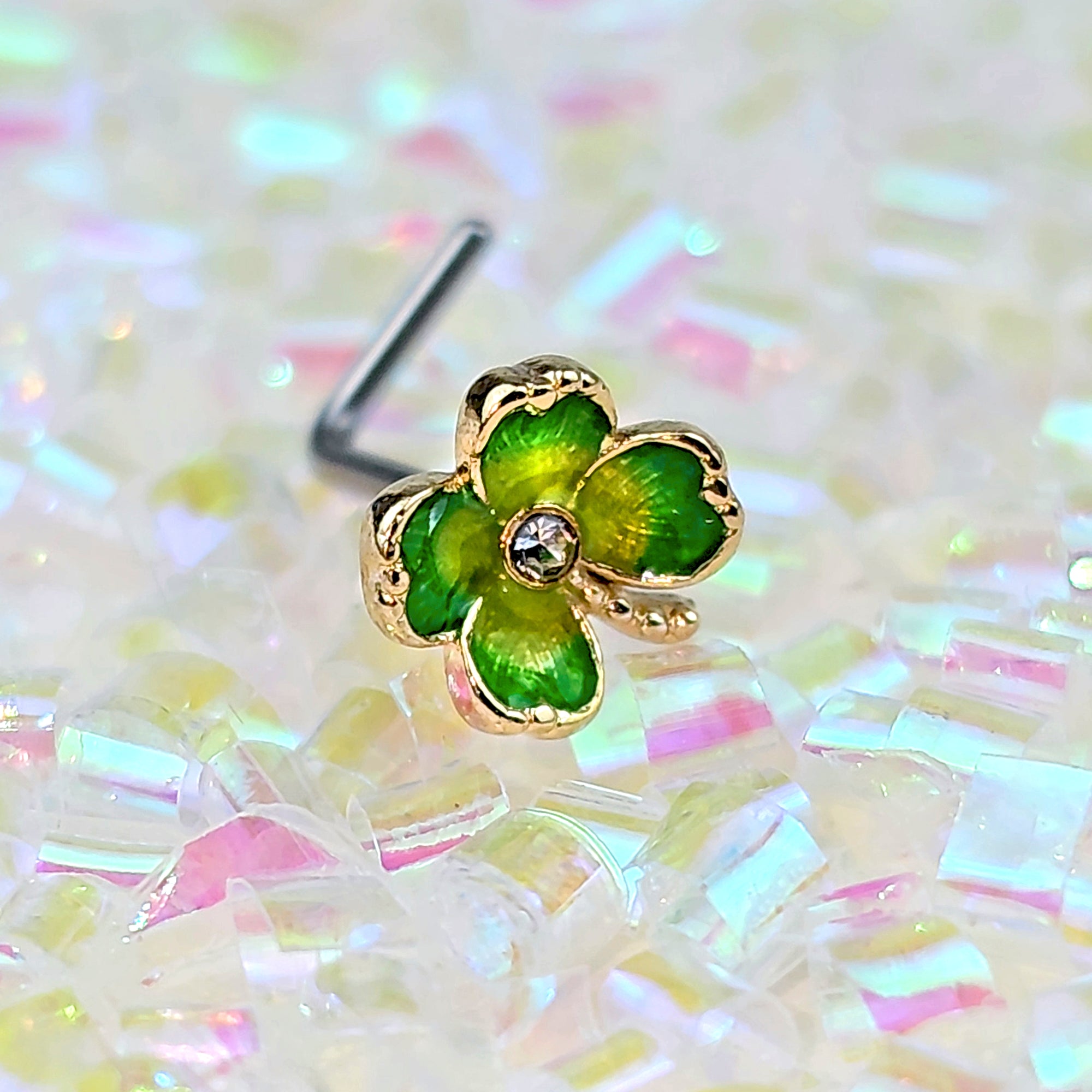 20 Gauge 7mm Clear Gem Lucky Shamrock Golden L Shape Nose Ring