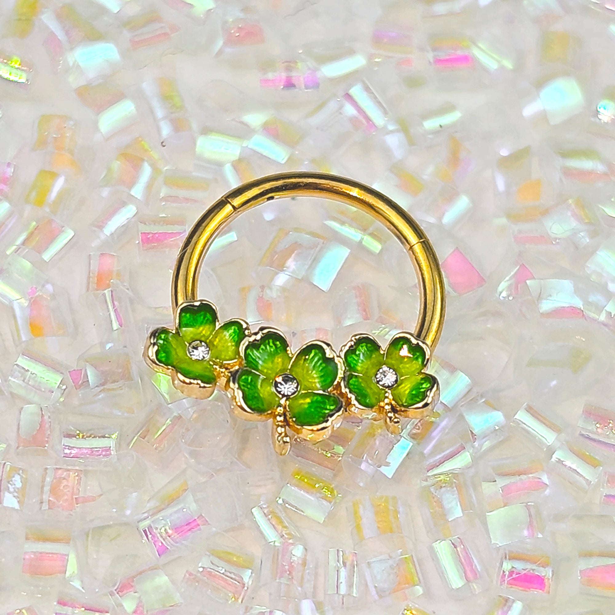 16 Gauge 3/8 Clear Gem Gold Tone Lucky Shamrock Hinged Segment Ring