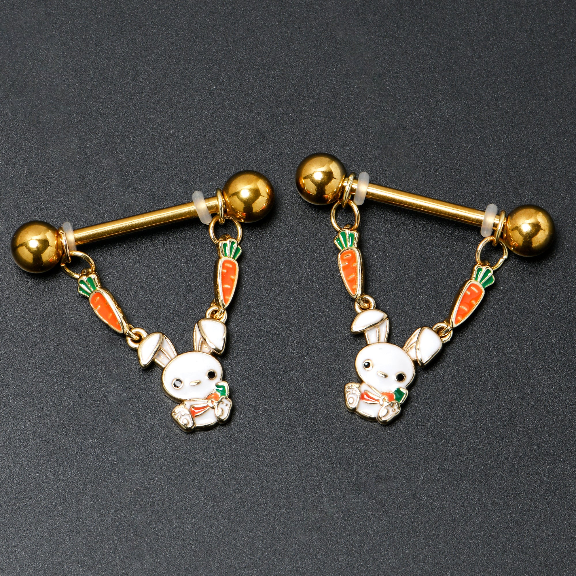 14 Gauge 9/16 Gold Tone Cutie Easter Bunny Dangle Nipple Ring Set