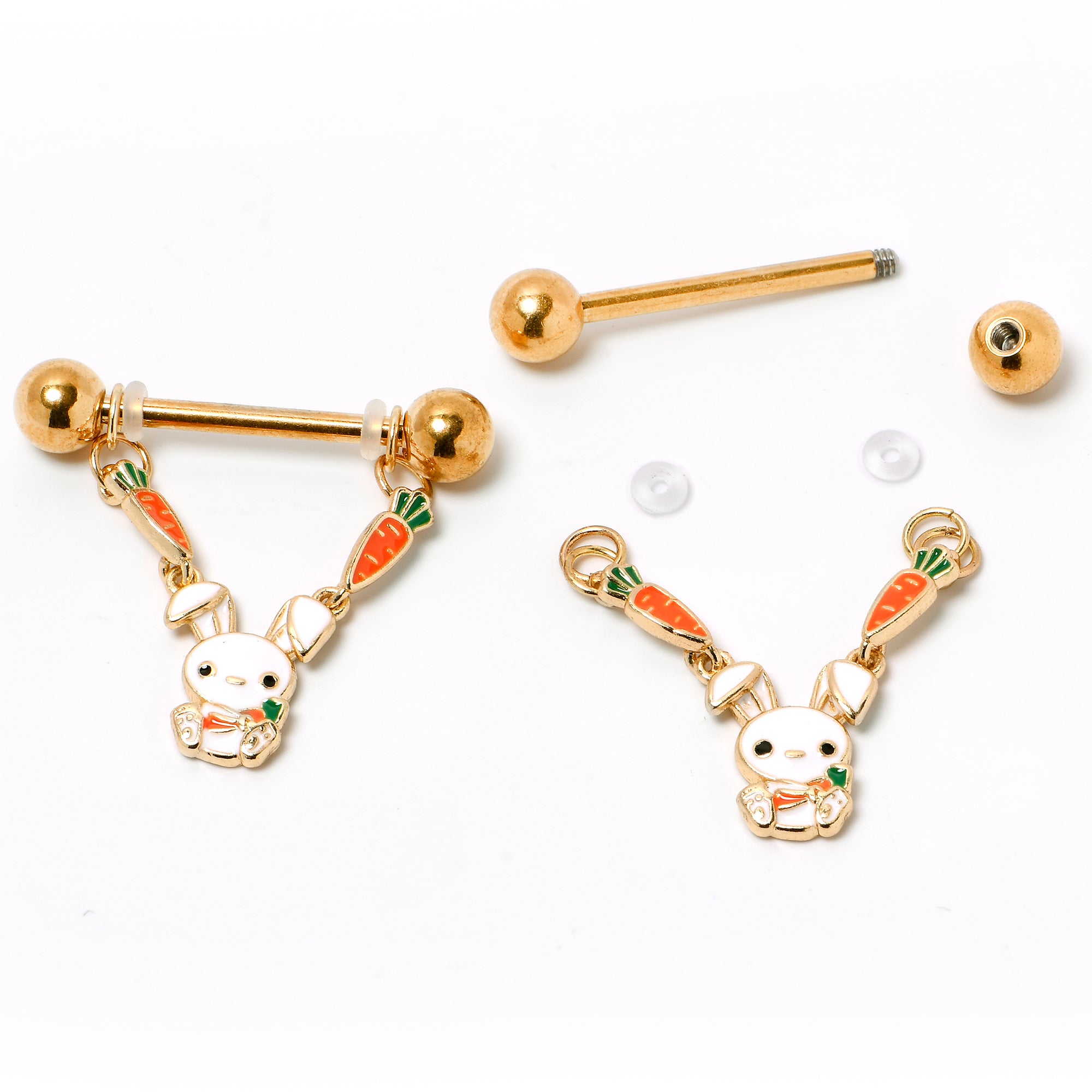 14 Gauge 9/16 Gold Tone Cutie Easter Bunny Dangle Nipple Ring Set