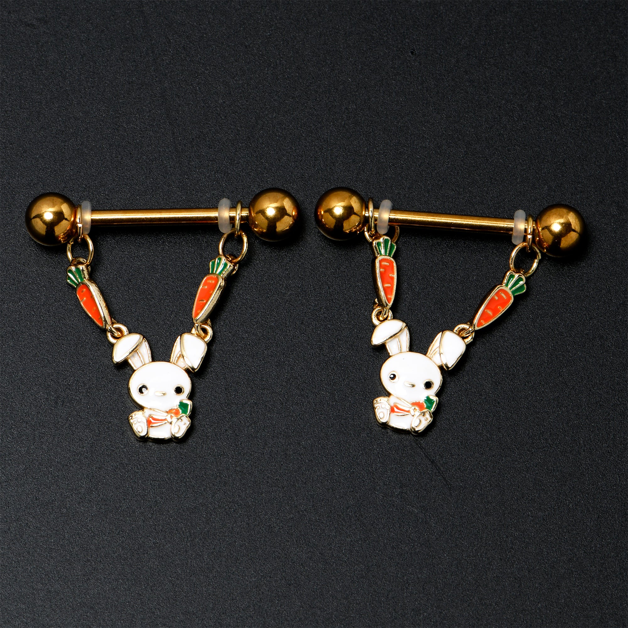 14 Gauge 9/16 Gold Tone Cutie Easter Bunny Dangle Nipple Ring Set