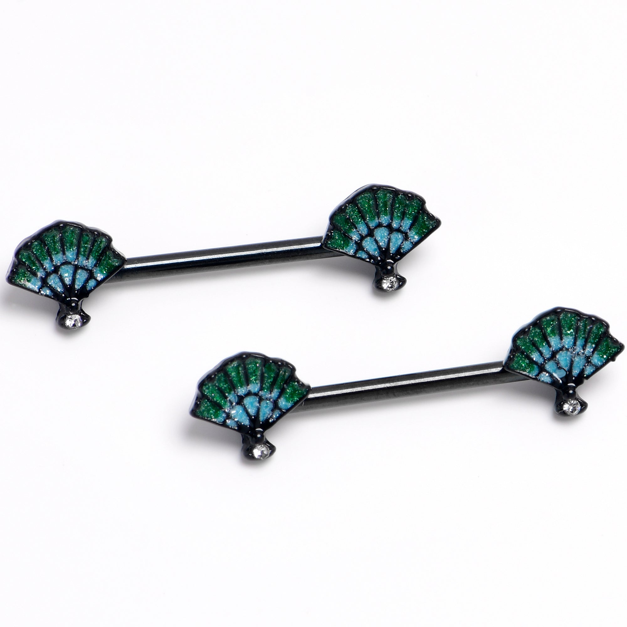 14 Gauge 9/16 Black PVD Serenity Ocean Magic Sea Shells Barbell Nipple Ring Set