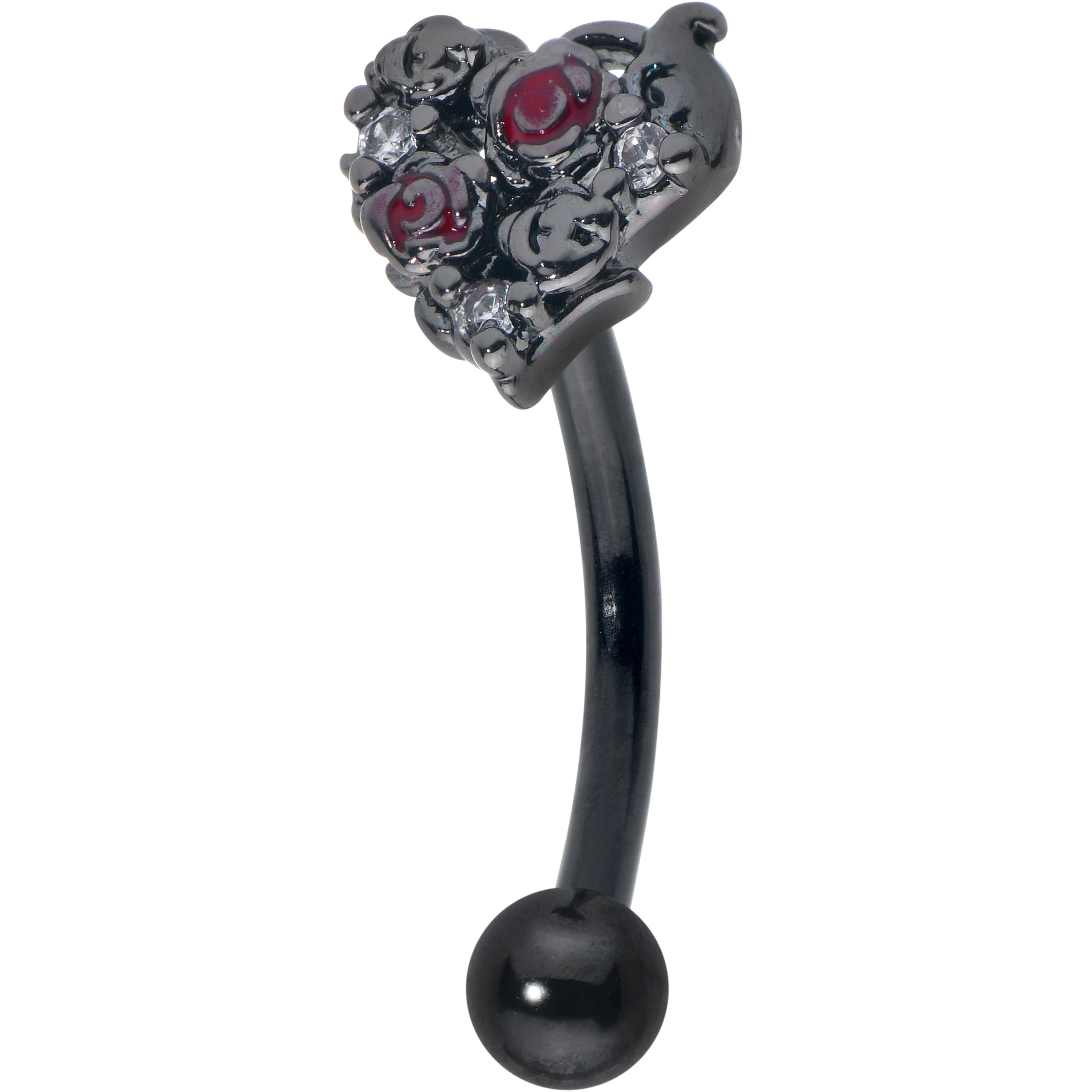 16 Gauge 5/16 Red Clear Gem Black Floral Heart Curved Eyebrow Ring