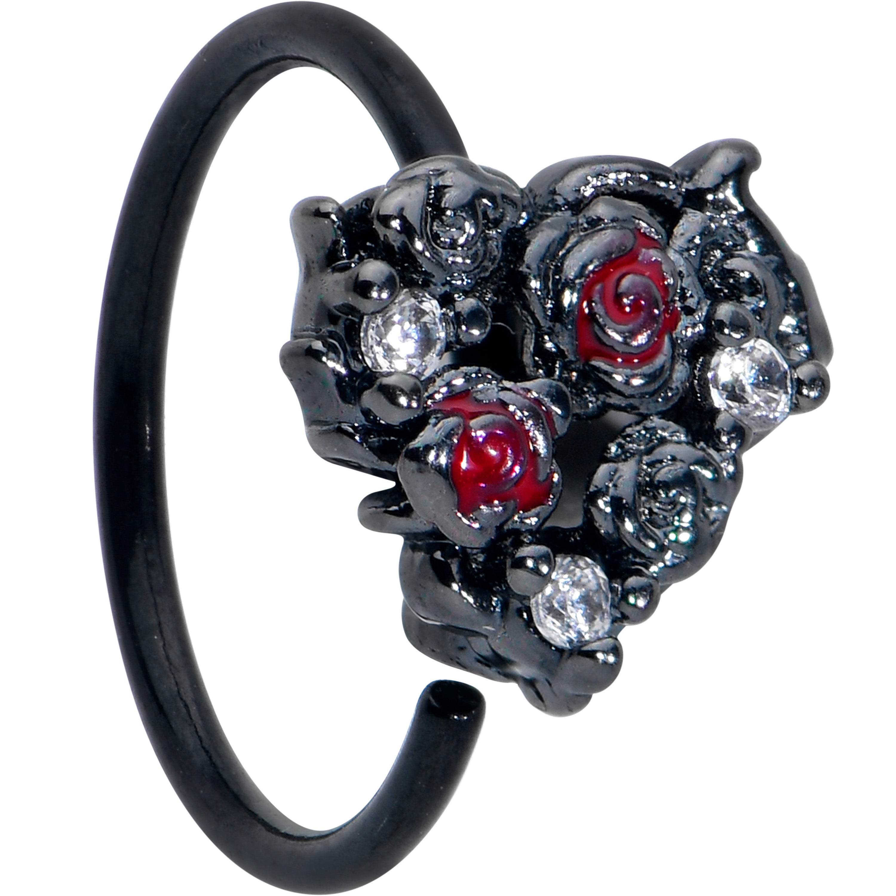 20 Gauge 5/16 Red Clear Gem Black Floral Heart Nose Hoop