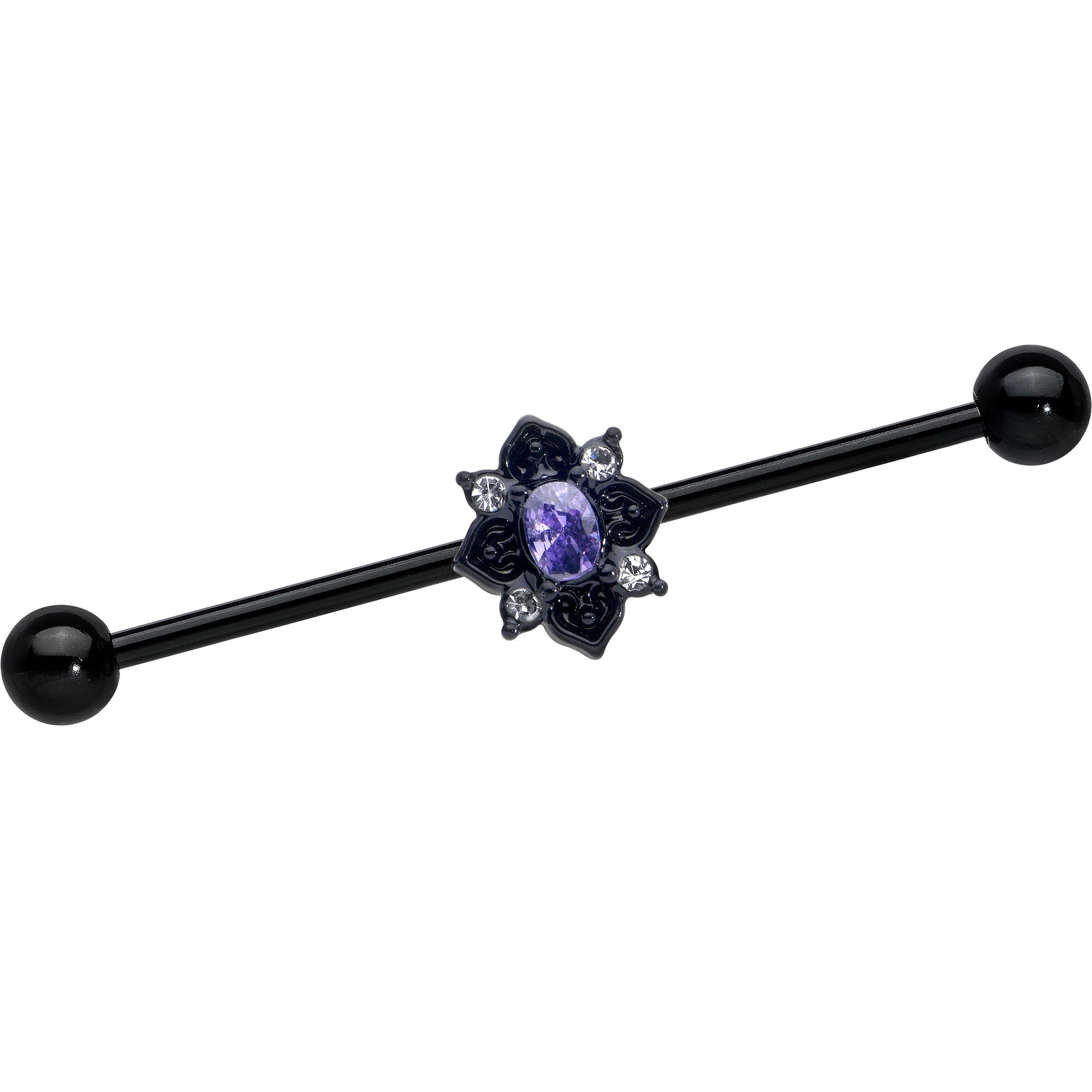 14 Gauge Purple Gem Black Scrolling Hearts Industrial Barbell 38mm