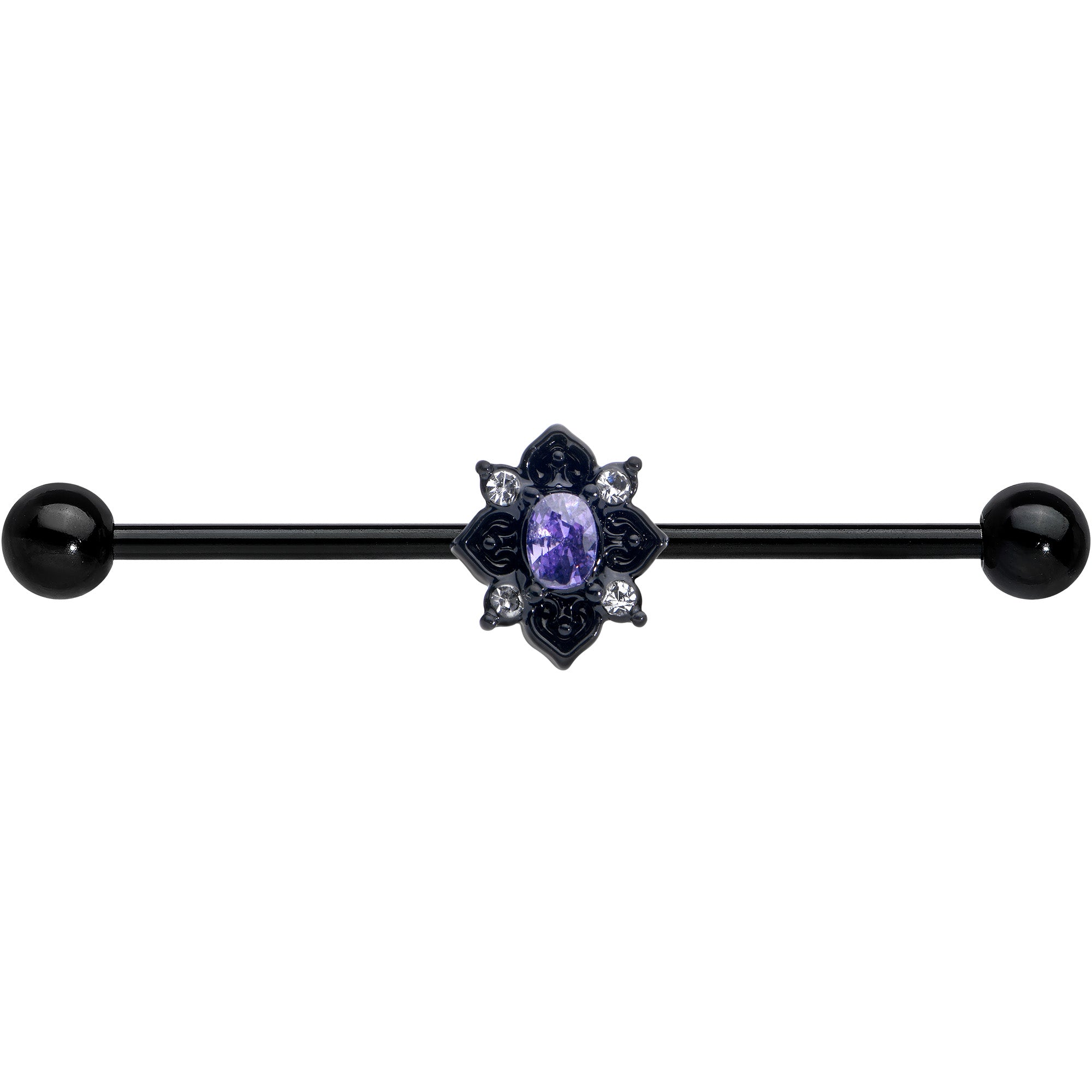 14 Gauge Purple Gem Black Scrolling Hearts Industrial Barbell 38mm