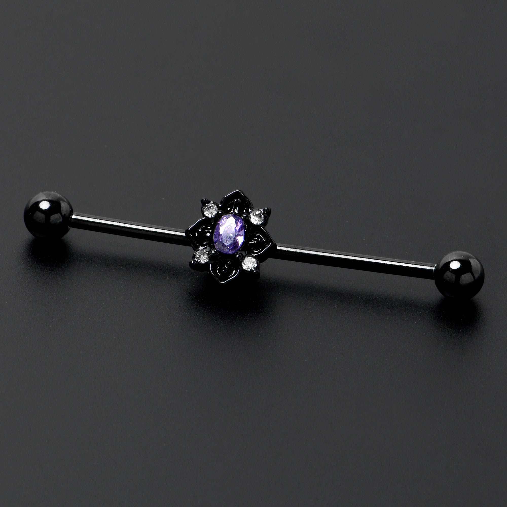 14 Gauge Purple Gem Black Scrolling Hearts Industrial Barbell 38mm