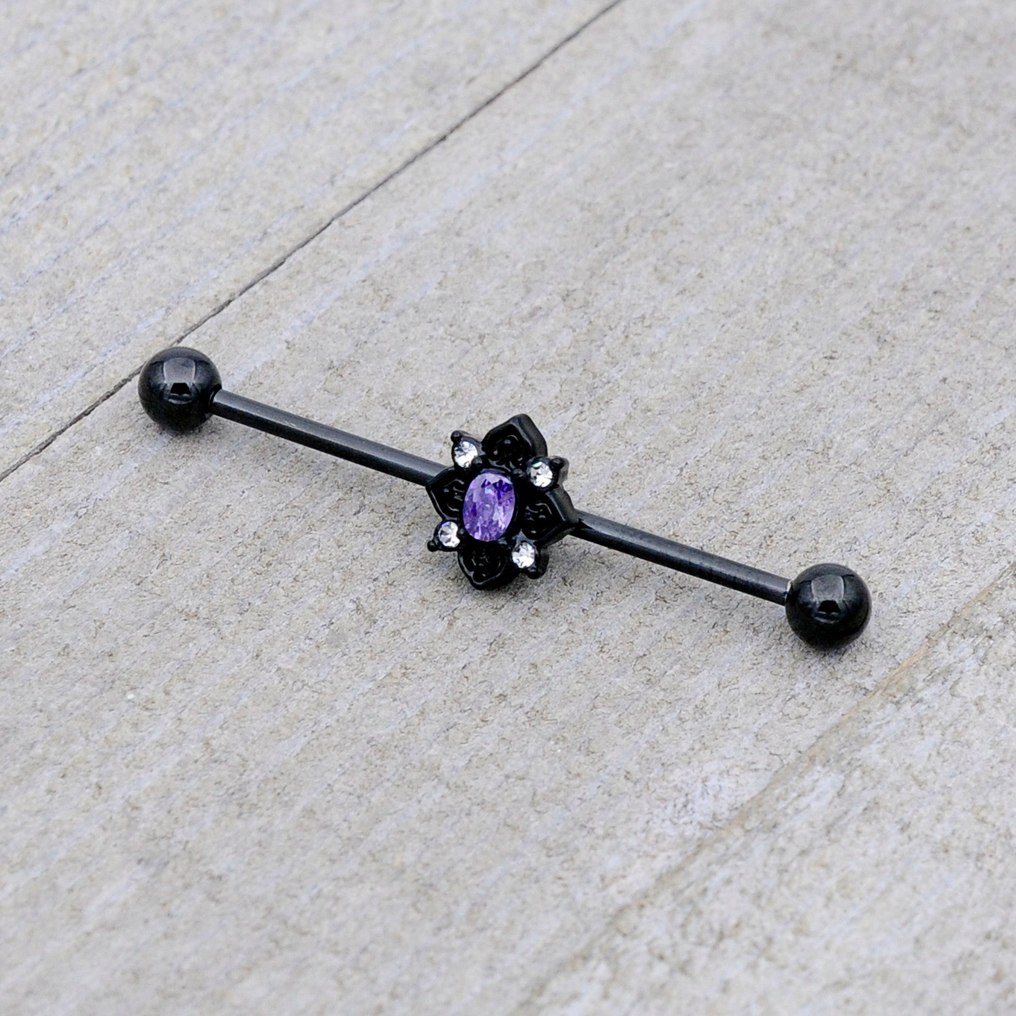 14 Gauge Purple Gem Black Scrolling Hearts Industrial Barbell 38mm