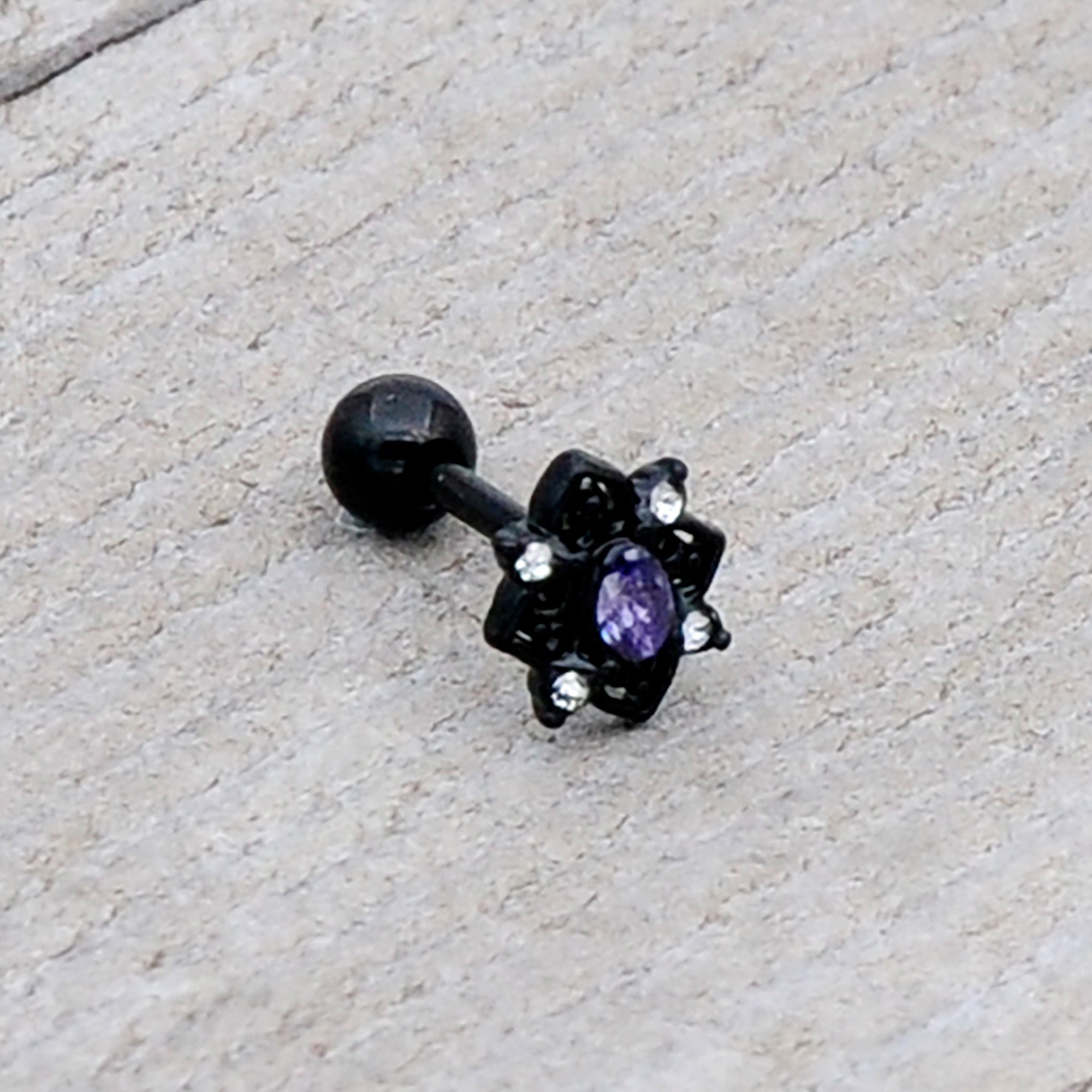 16 Gauge 1/4 Purple Gem Black Scrolling Hearts Cartilage Tragus Earring