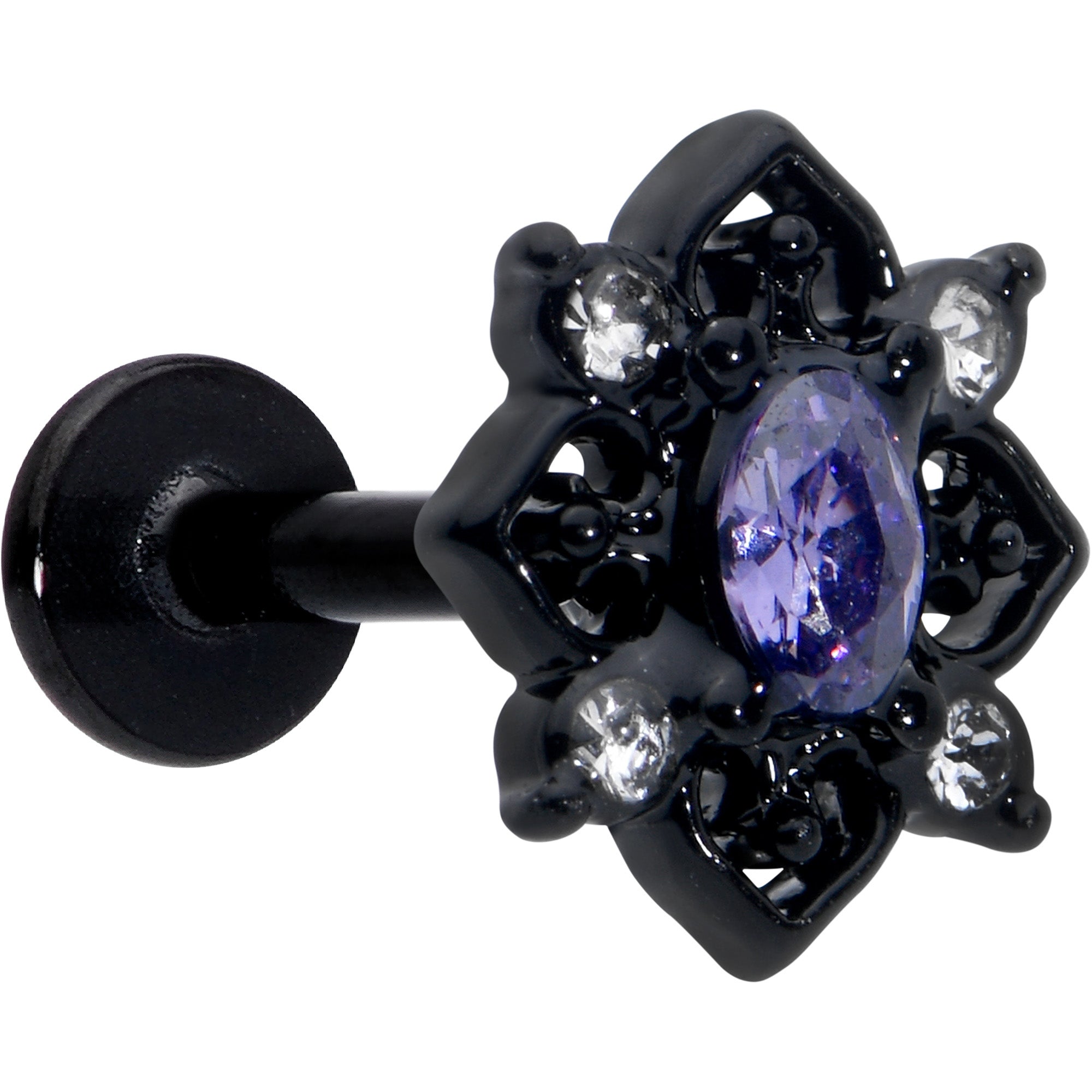 16 Gauge 5/16 Purple Gem Black Scrolling Hearts Labret Monroe Tragus