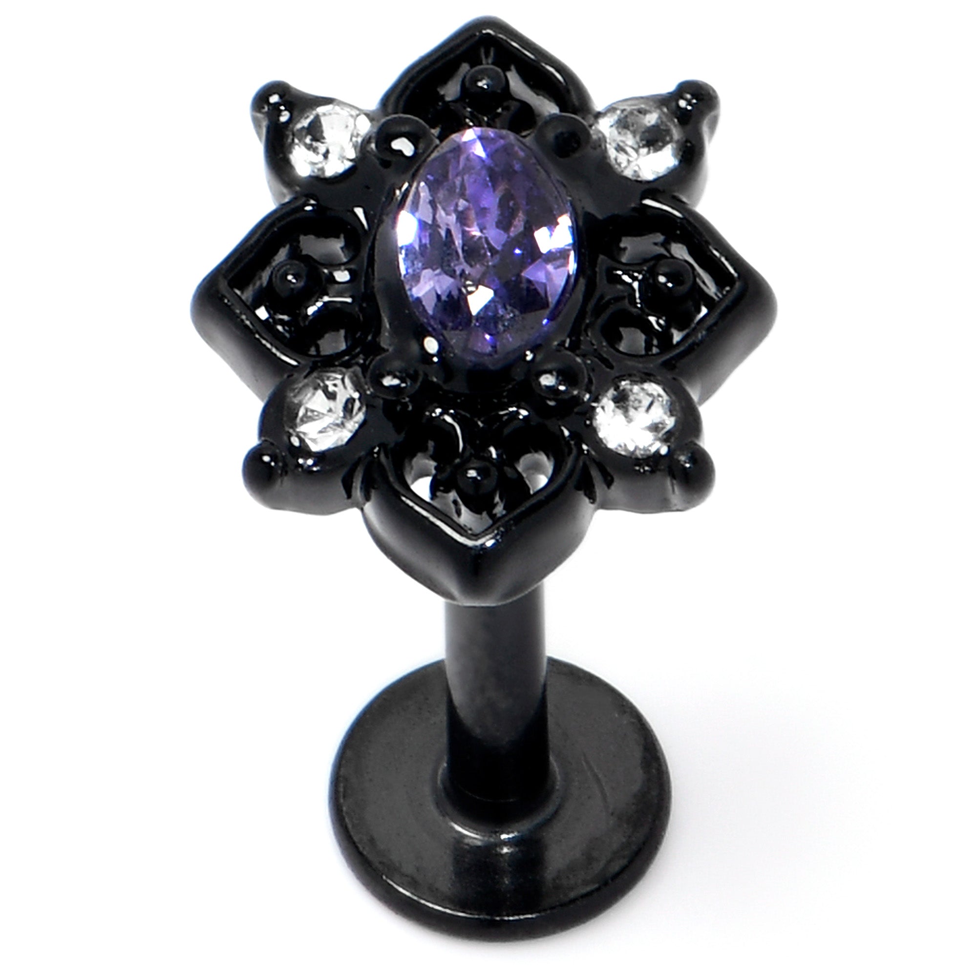 16 Gauge 5/16 Purple Gem Black Scrolling Hearts Labret Monroe Tragus