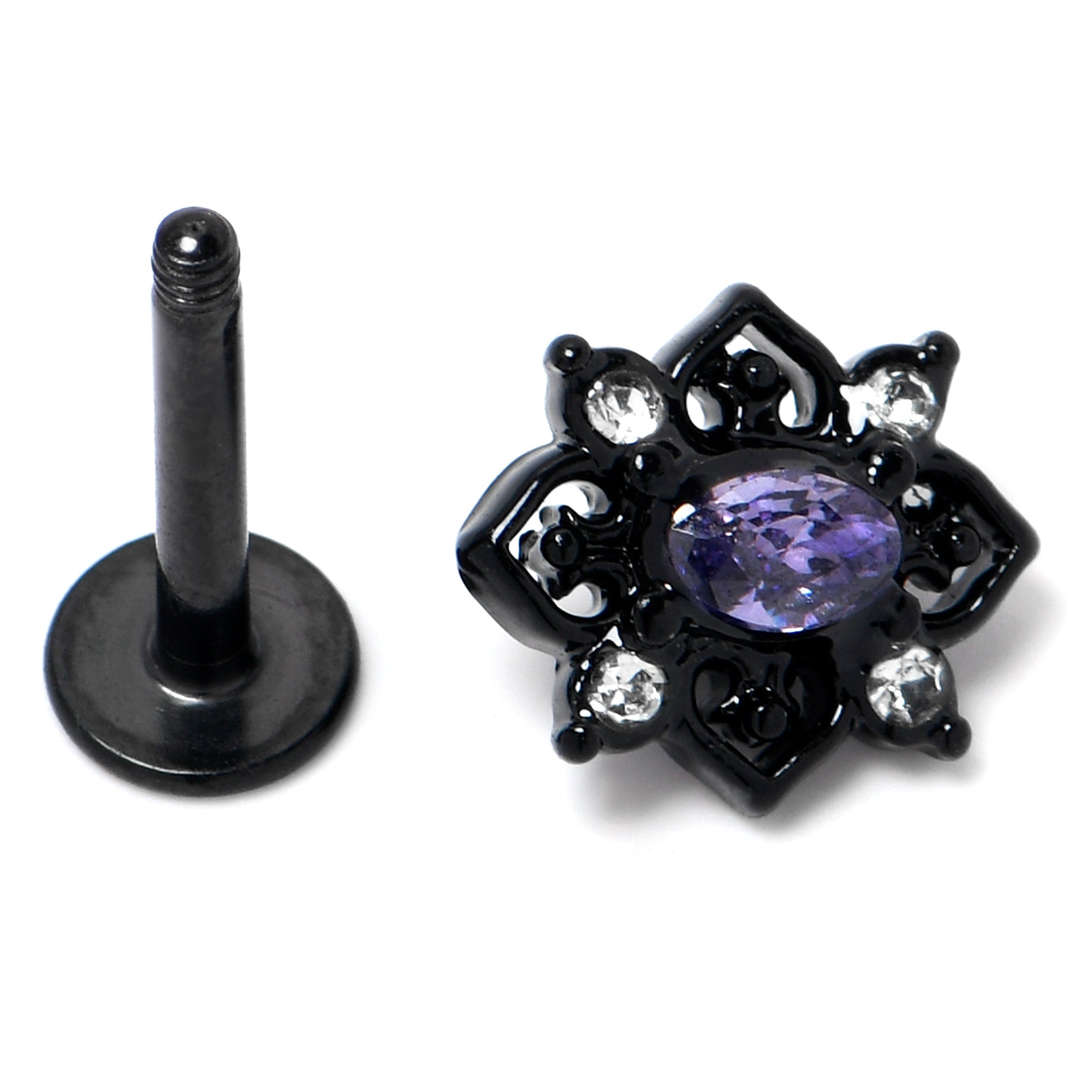 16 Gauge 5/16 Purple Gem Black Scrolling Hearts Labret Monroe Tragus