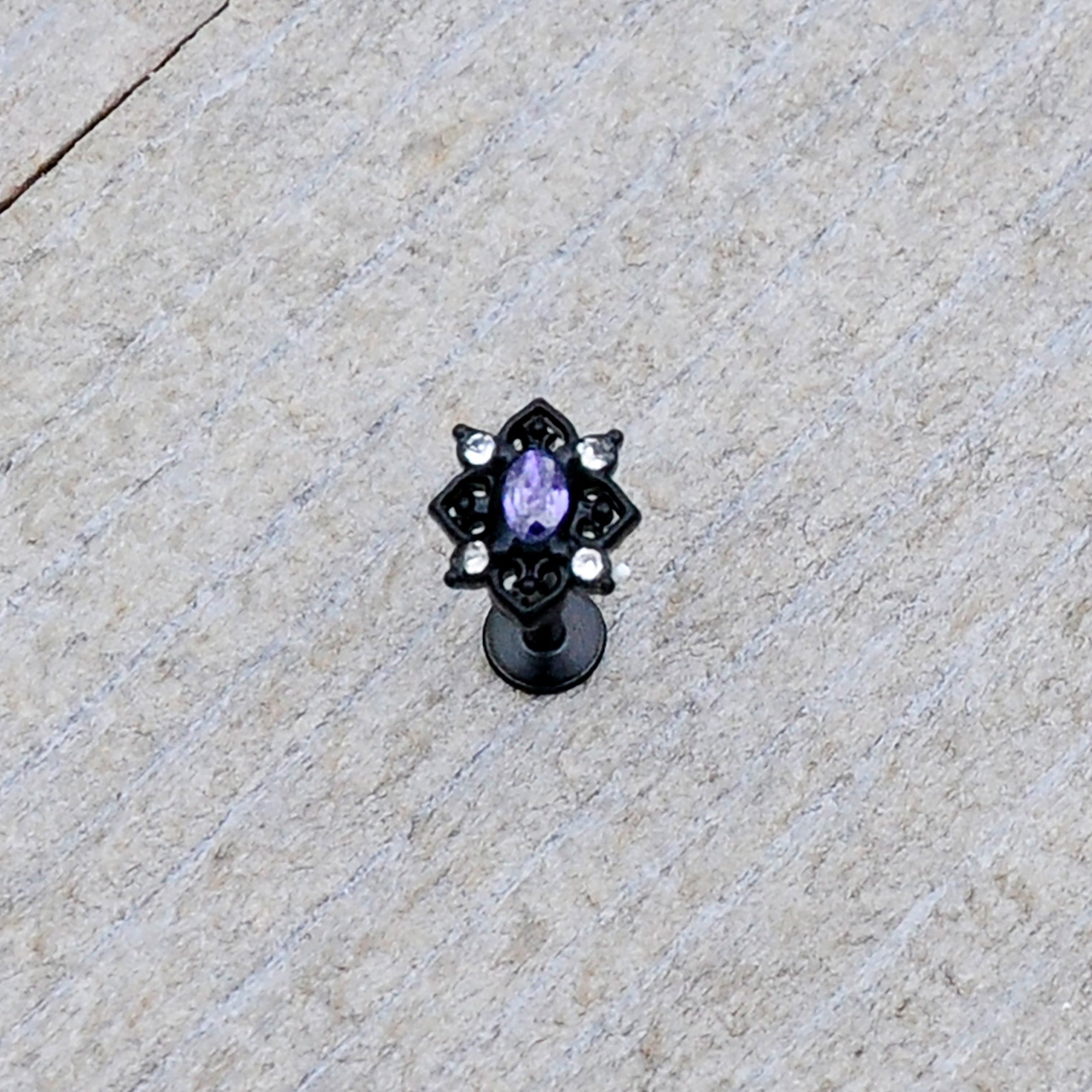 16 Gauge 5/16 Purple Gem Black Scrolling Hearts Labret Monroe Tragus