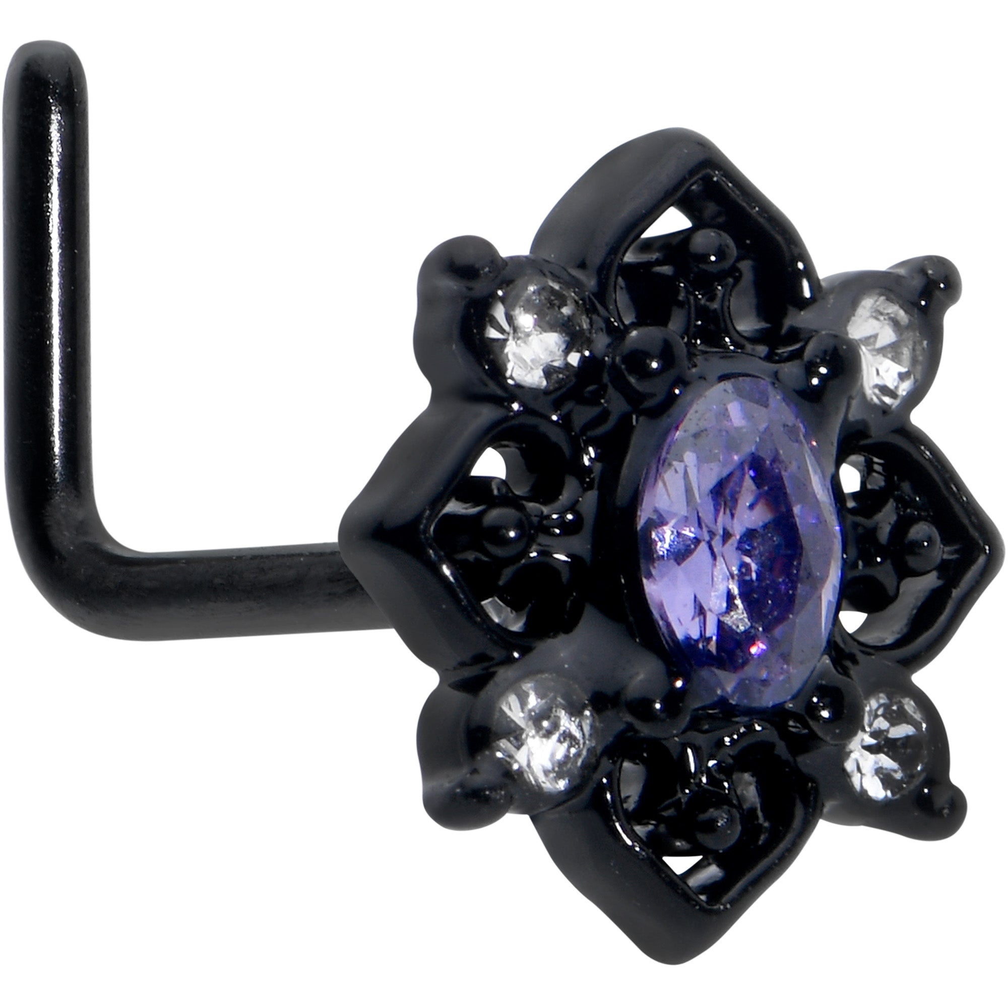 20 Gauge 7mm Purple Gem Black Scrolling Hearts L Shape Nose Ring