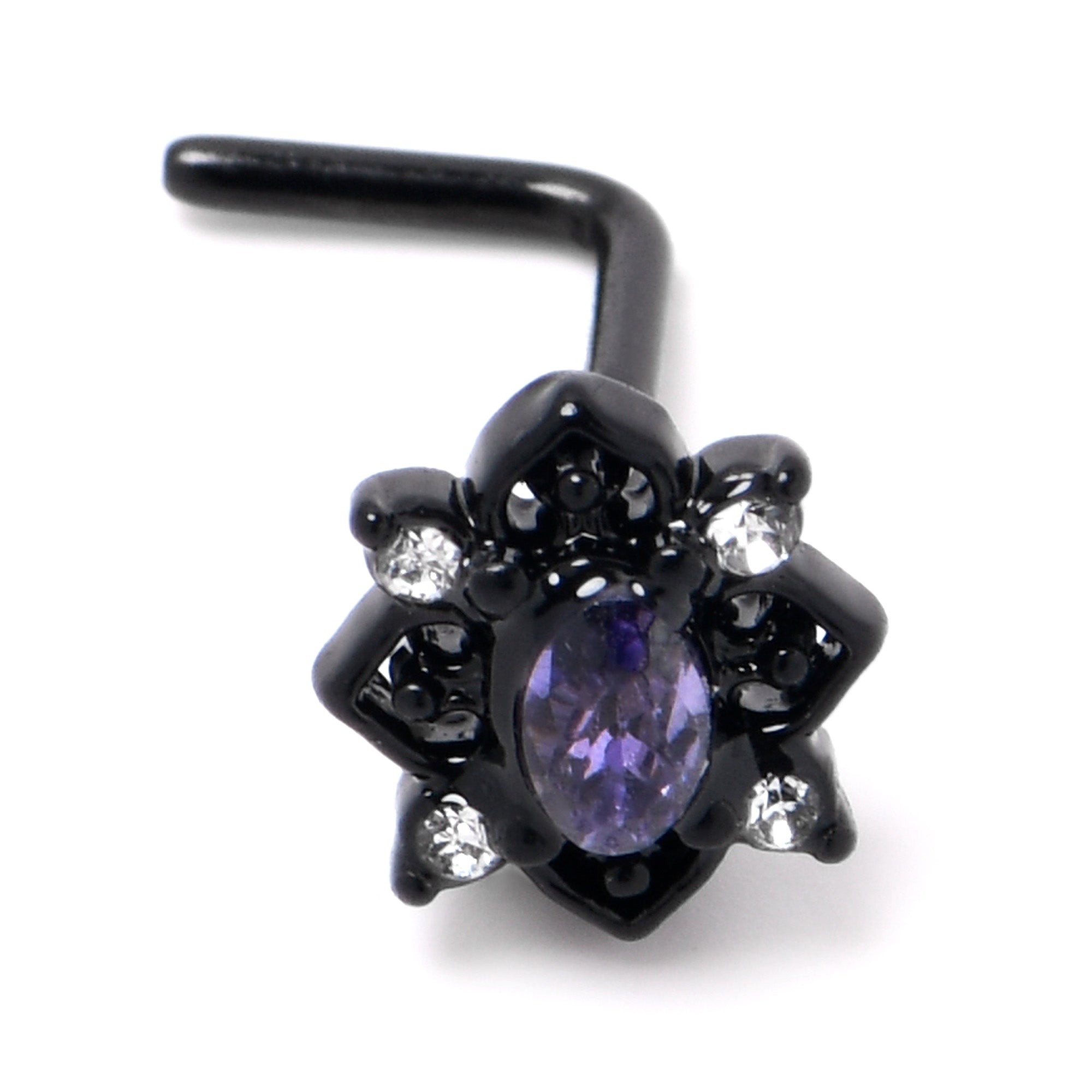 20 Gauge 7mm Purple Gem Black Scrolling Hearts L Shape Nose Ring