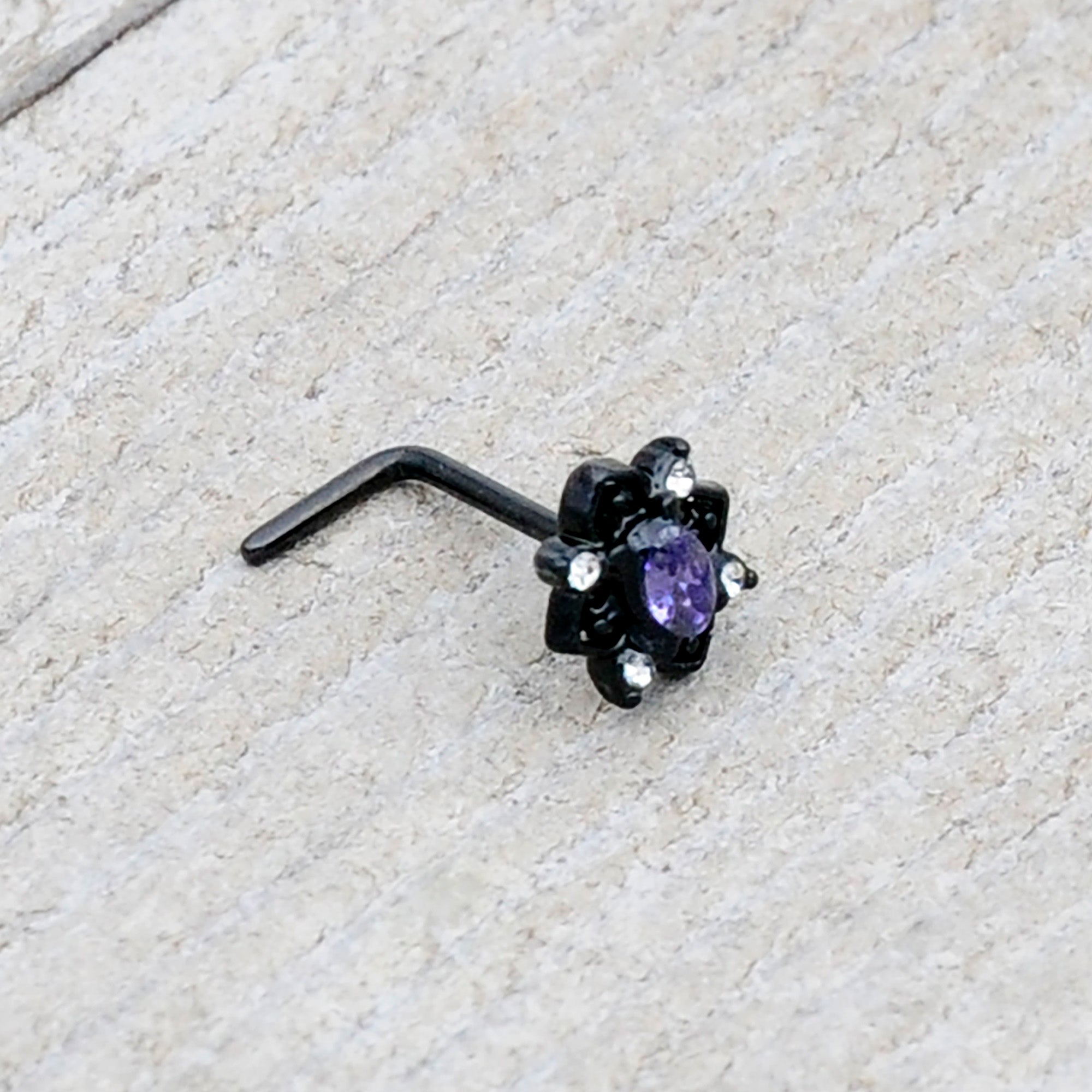 20 Gauge 7mm Purple Gem Black Scrolling Hearts L Shape Nose Ring