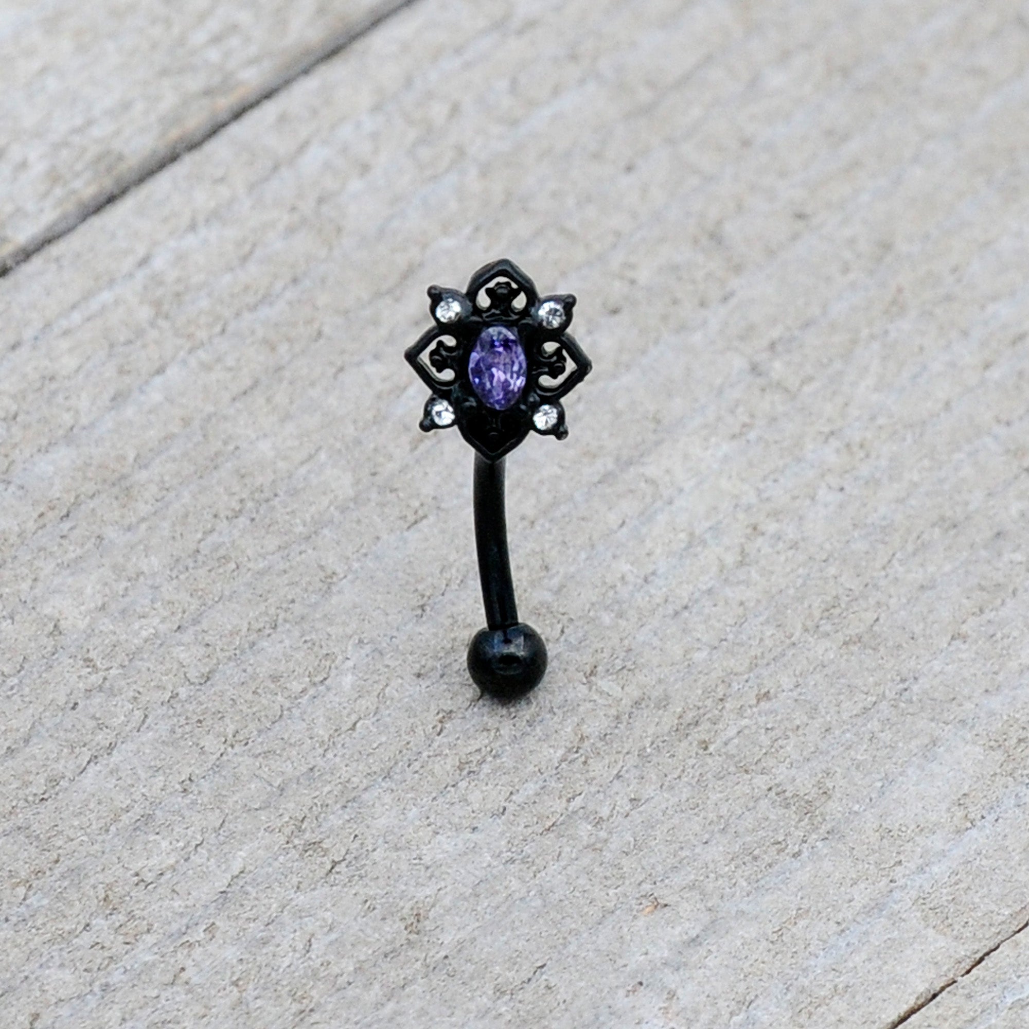 16 Gauge 5/16 Purple Gem Black Scrolling Hearts Curved Eyebrow Ring