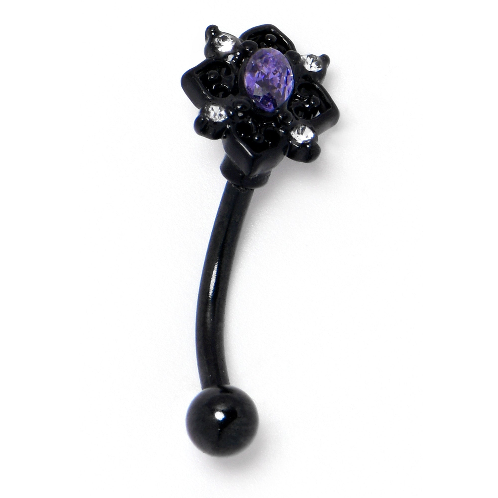 16 Gauge 5/16 Purple Gem Black Scrolling Hearts Curved Eyebrow Ring