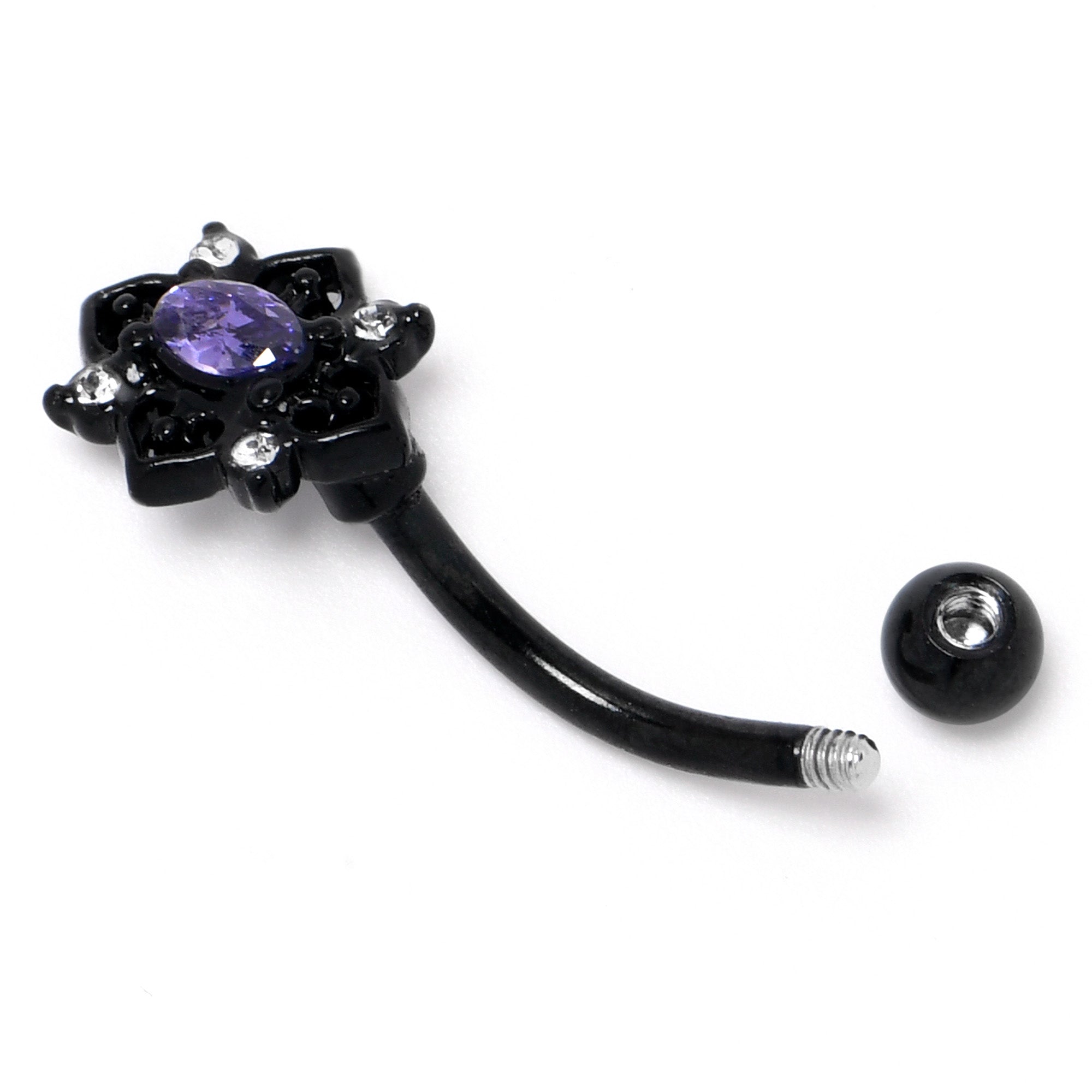 16 Gauge 5/16 Purple Gem Black Scrolling Hearts Curved Eyebrow Ring