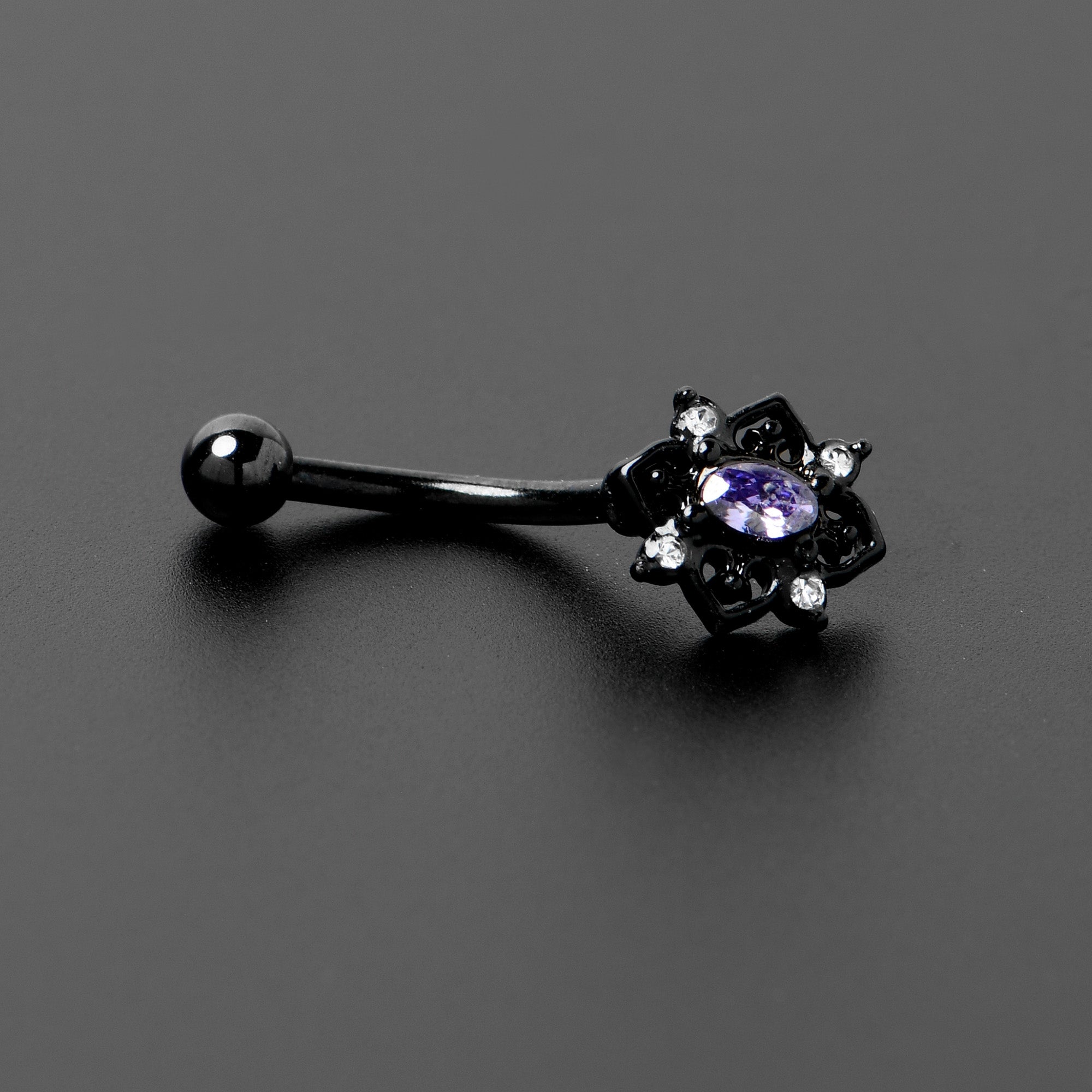 16 Gauge 5/16 Purple Gem Black Scrolling Hearts Curved Eyebrow Ring