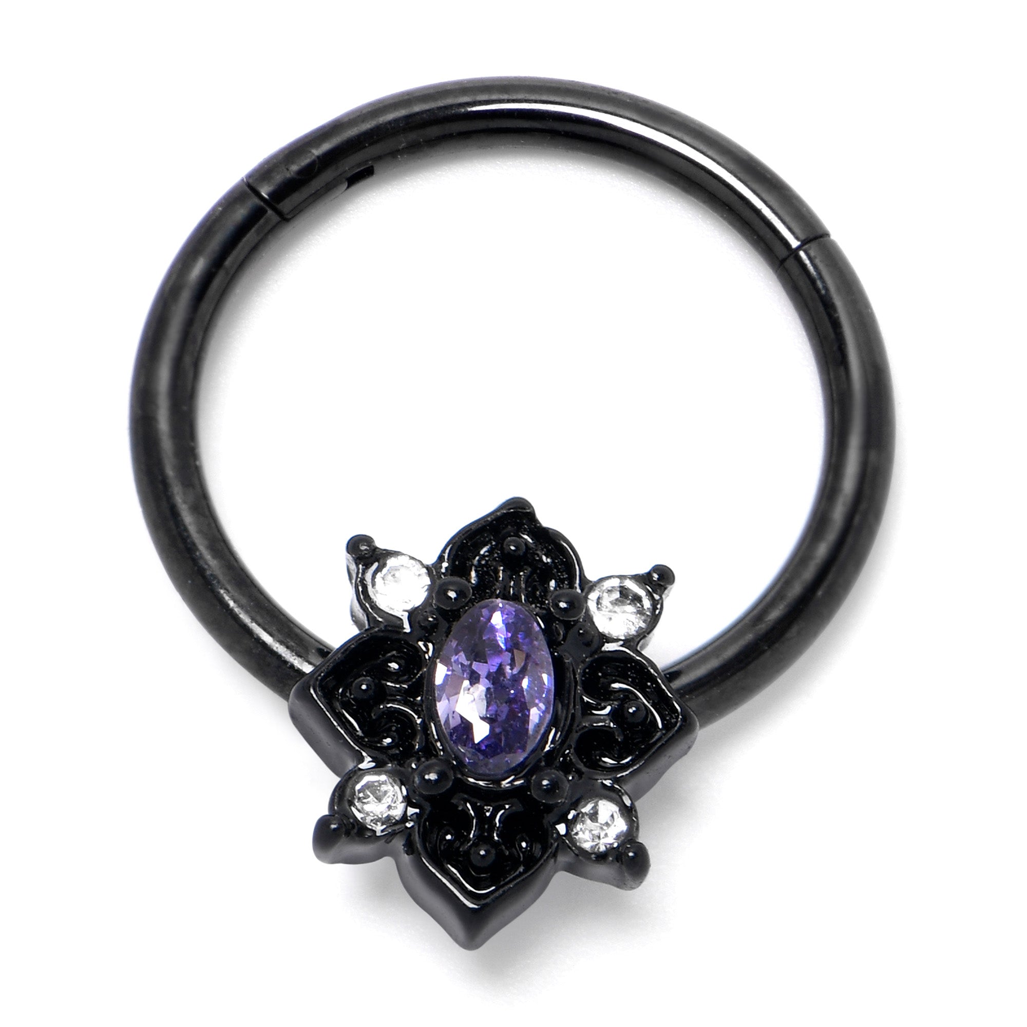 16 Gauge 3/8 Purple Gem Black Scrolling Hearts Hinged Segment Ring