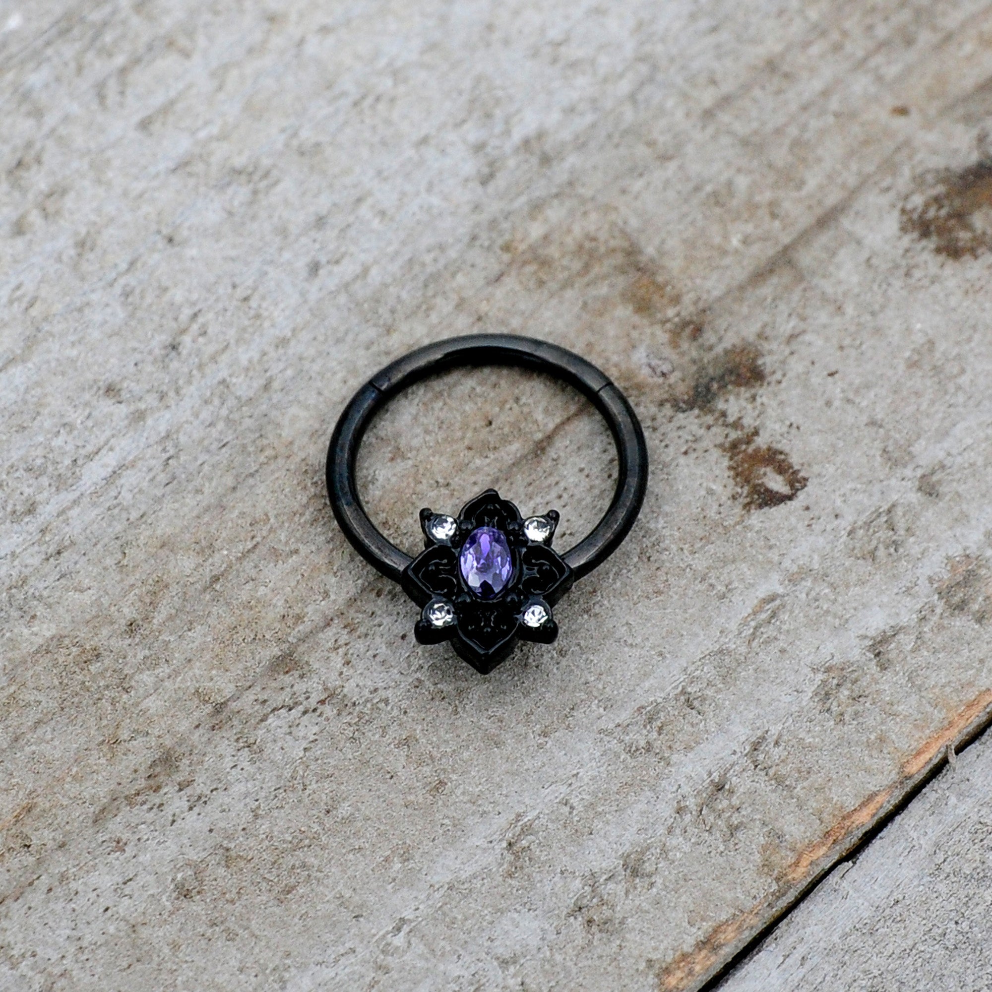 16 Gauge 3/8 Purple Gem Black Scrolling Hearts Hinged Segment Ring