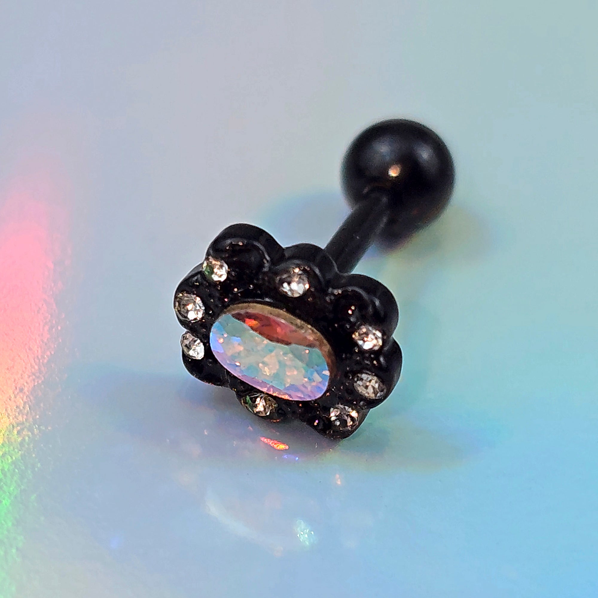 16 Gauge 1/4 Aurora Gem Black Filigree Fantasy Cartilage Tragus Earring