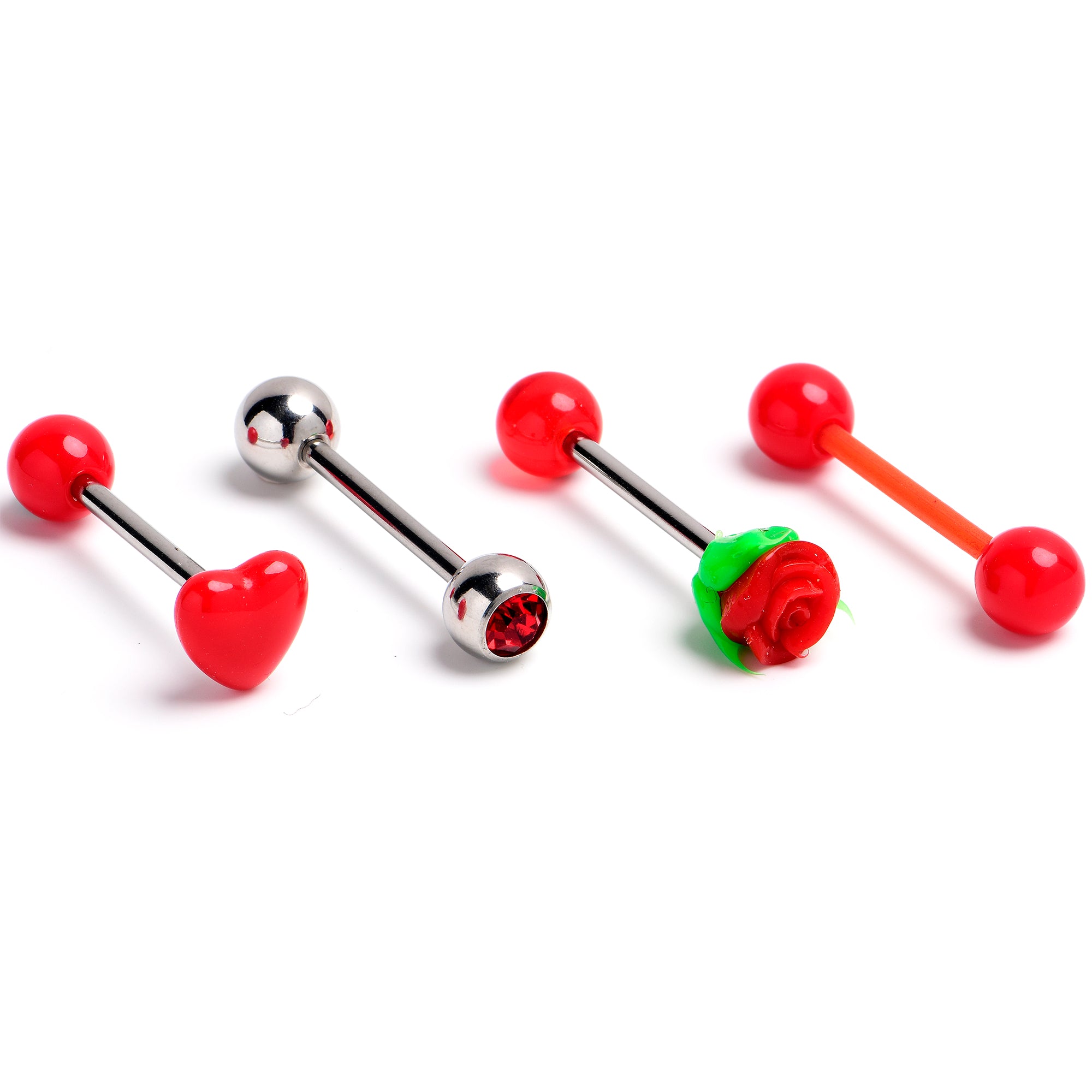 Red Gem Rose Heart Barbell Tongue Ring Set of 4