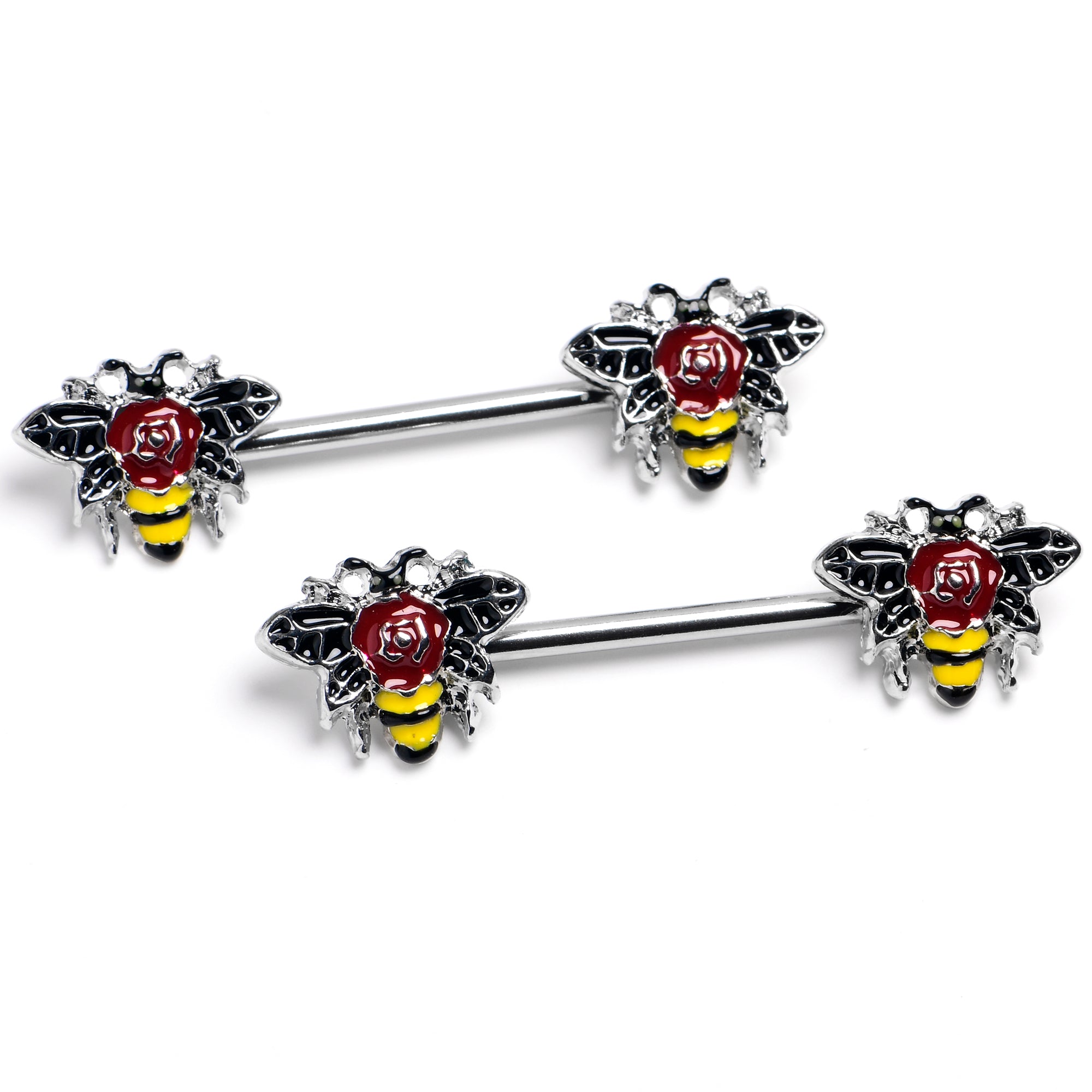 14 Gauge 9/16 Buzzing Bee Rose Flower Barbell Nipple Ring Set