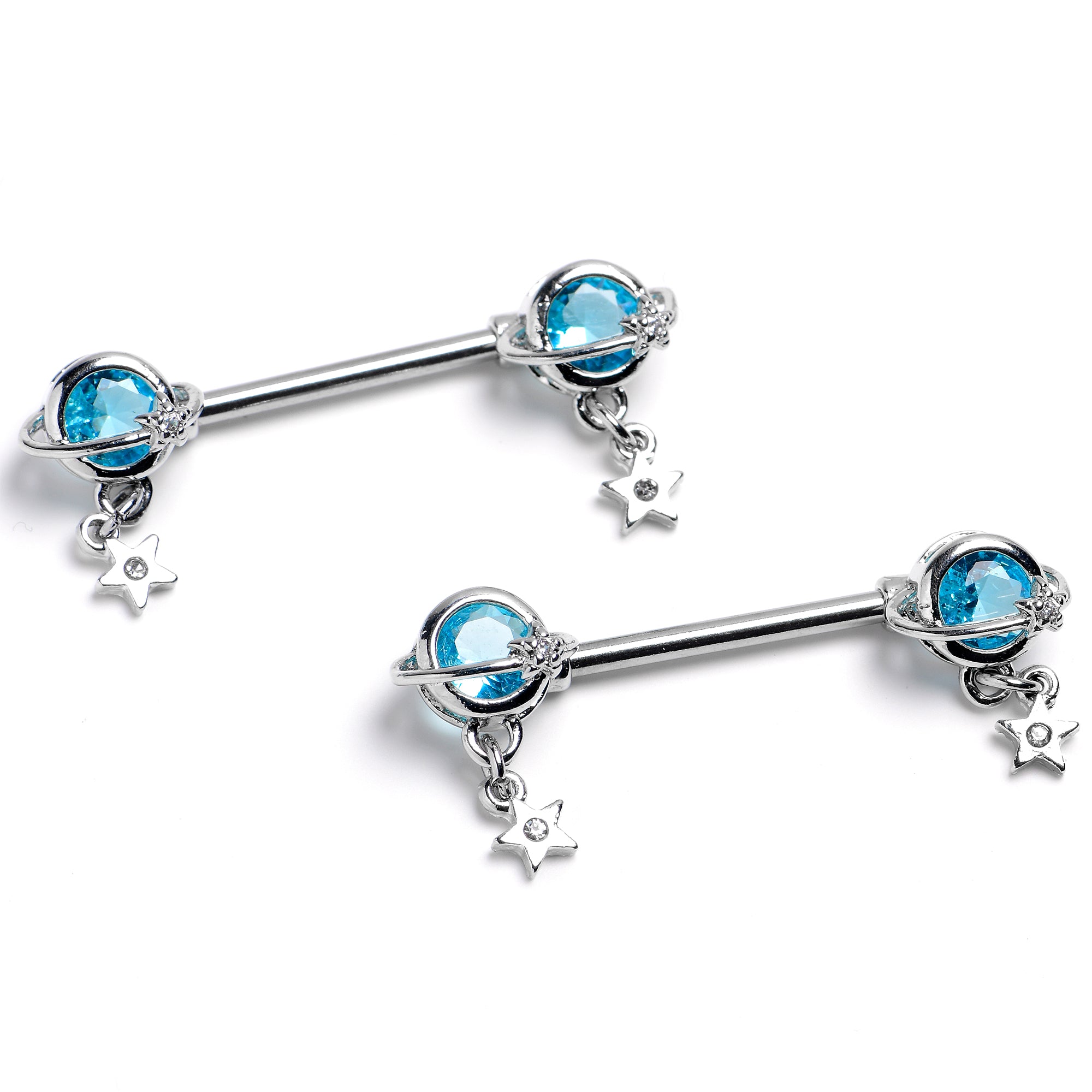 14 Gauge 9/16 Blue CZ Gem Starry Saturn Dangle Nipple Ring Set