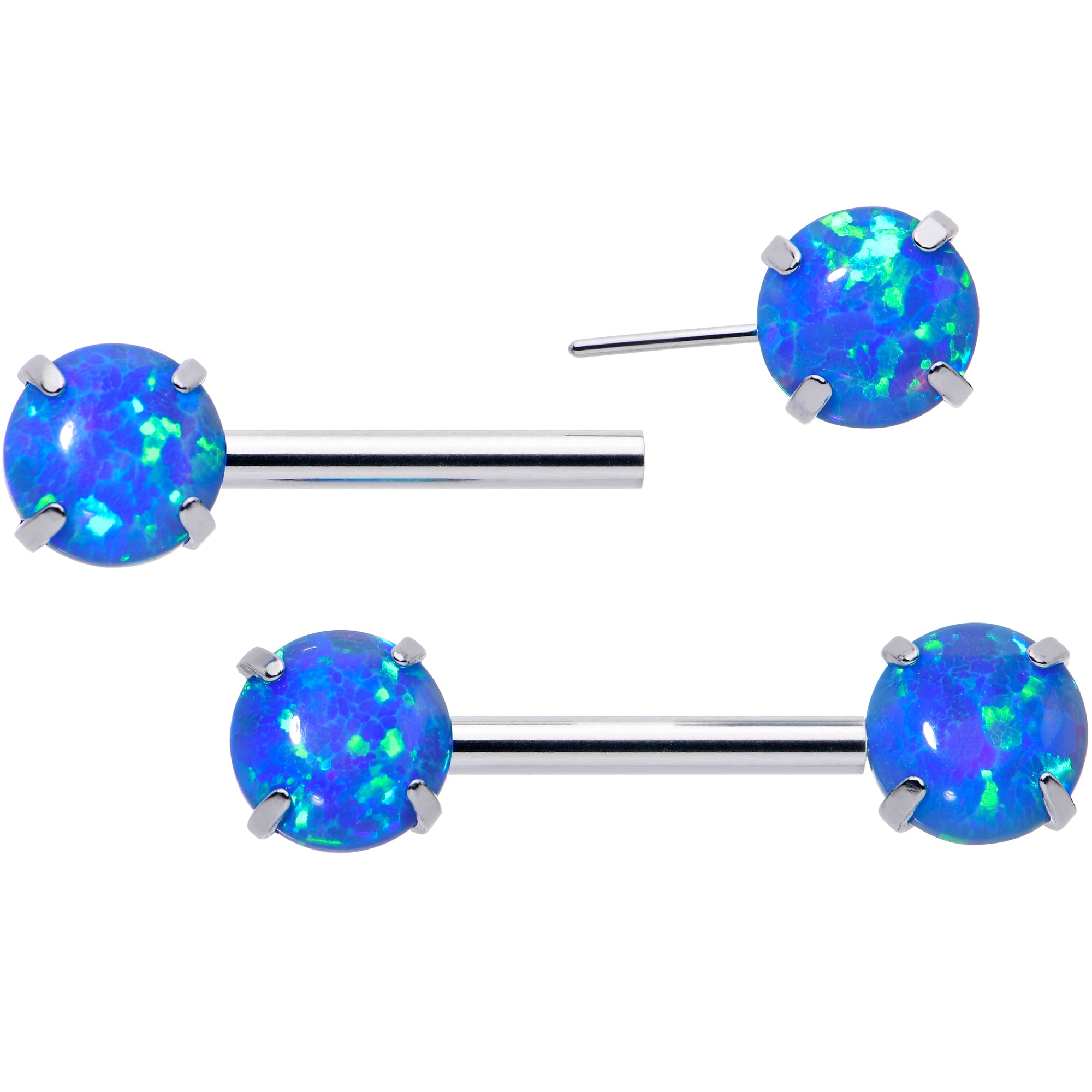 14 Gauge 1/2 Blue Synthetic Opal Threadless Barbell Nipple Ring Set