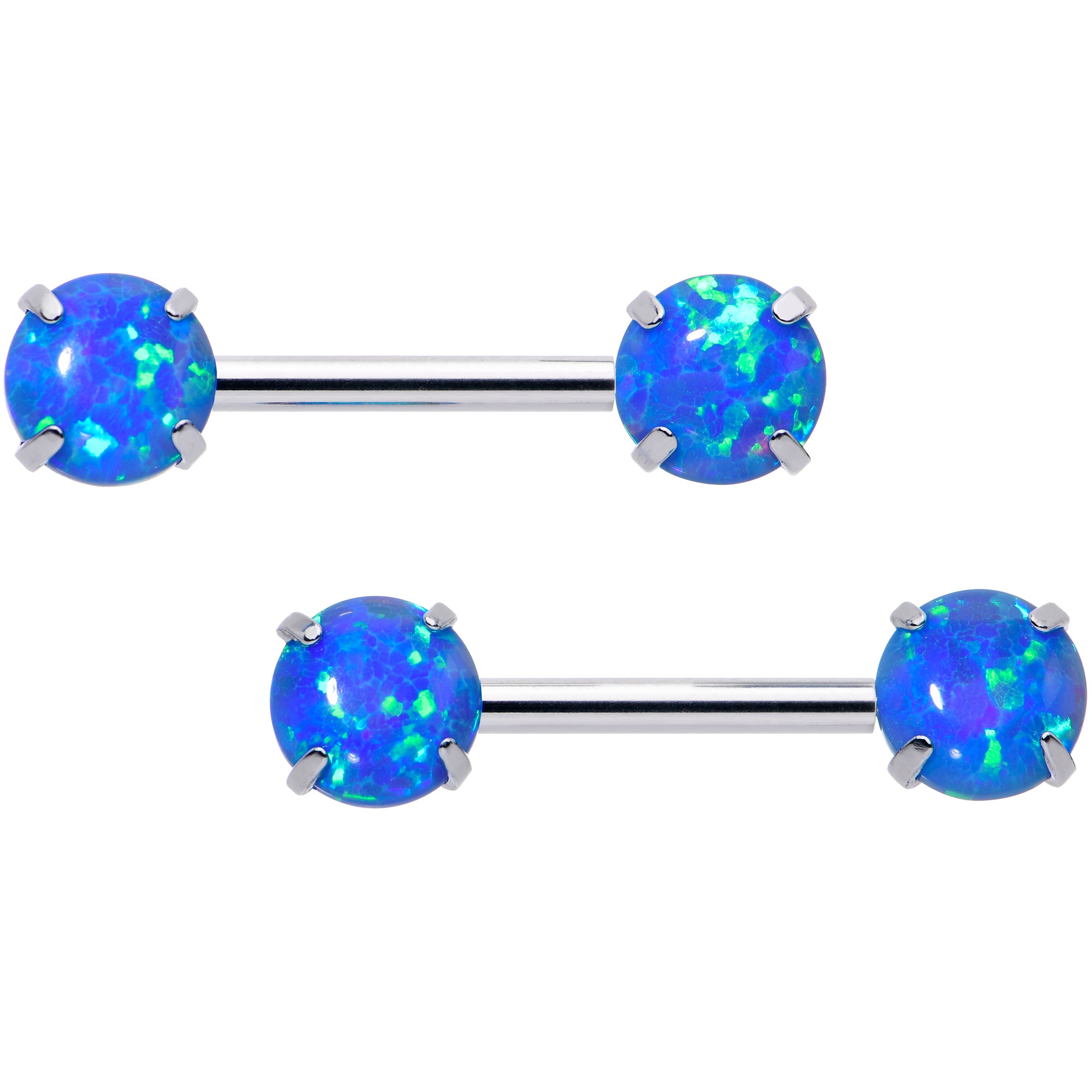 14 Gauge 1/2 Blue Synthetic Opal Threadless Barbell Nipple Ring Set