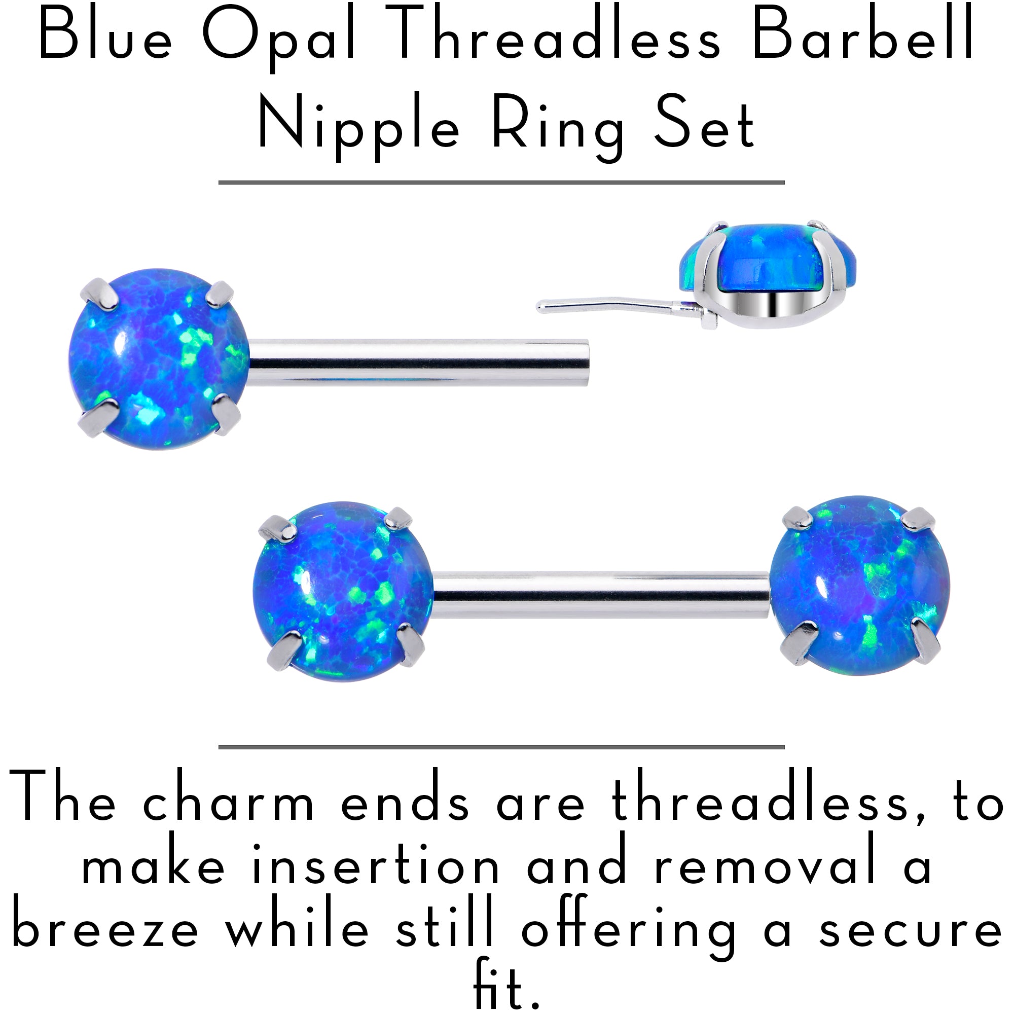 14 Gauge 1/2 Blue Synthetic Opal Threadless Barbell Nipple Ring Set